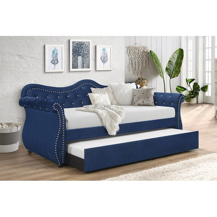 Galaxy Home Abby Upholstered Velvet Wood Daybed with box spring not required-navy-wood-primary living