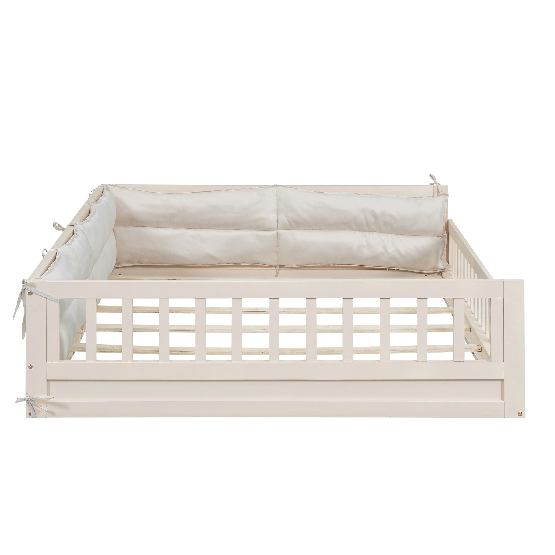 Wood Full Size Upholstered Platform Bed with Guardrail box spring not required-full-beige-wood-bed