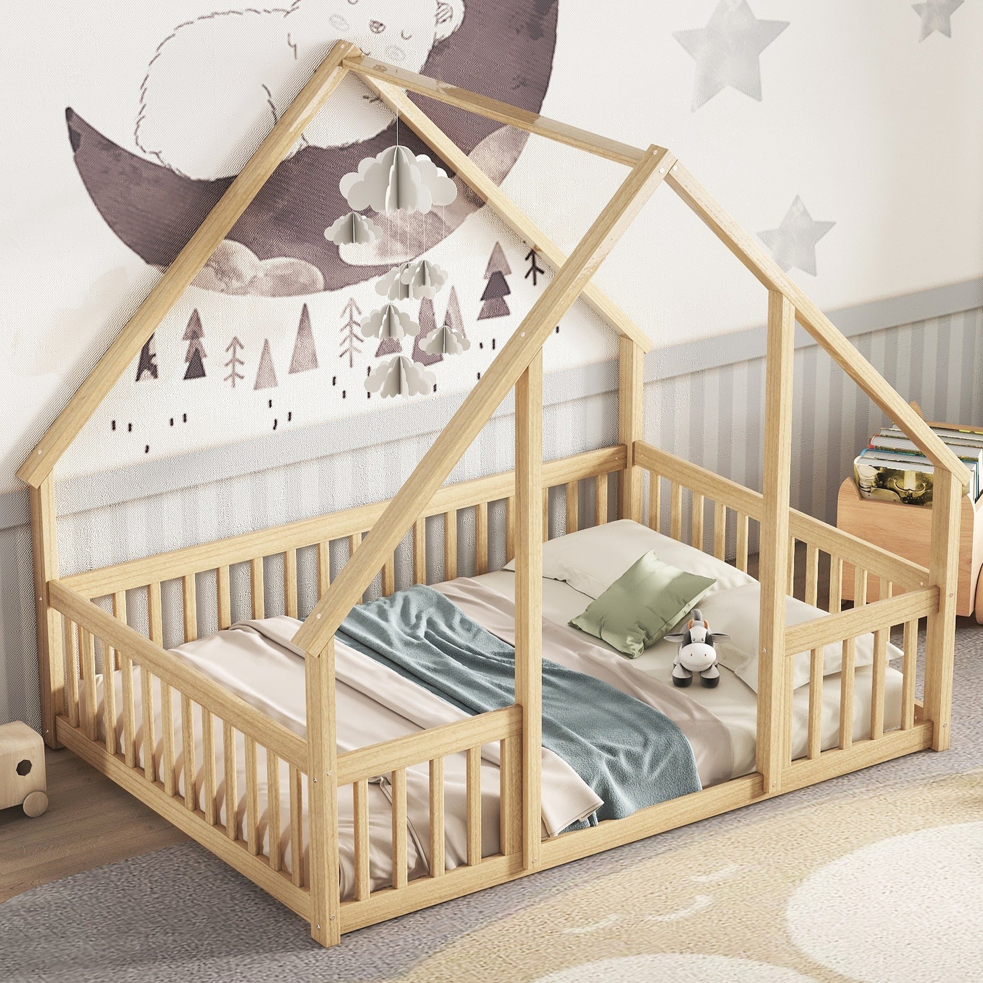 Full Wood House Shaped Floor Bed With Fence -