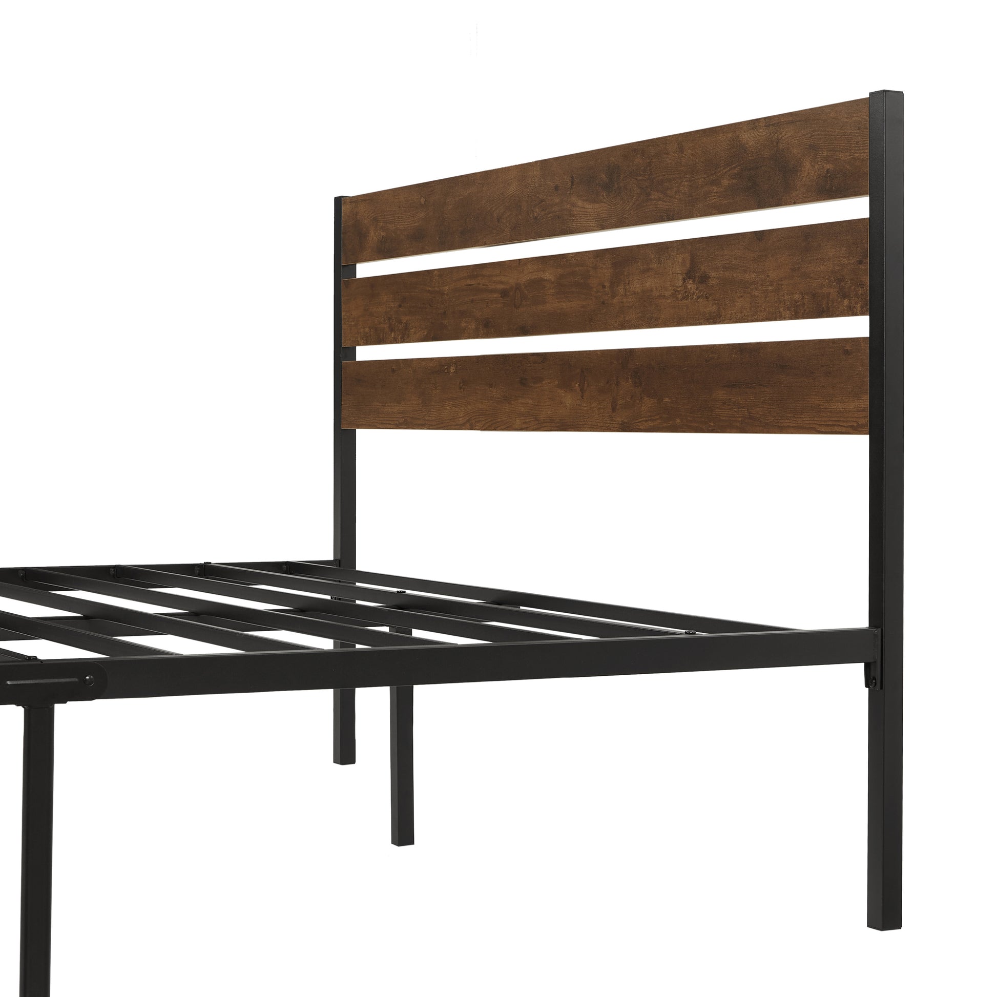 Queen Size Bed Frame With Wood Headboard, Metal