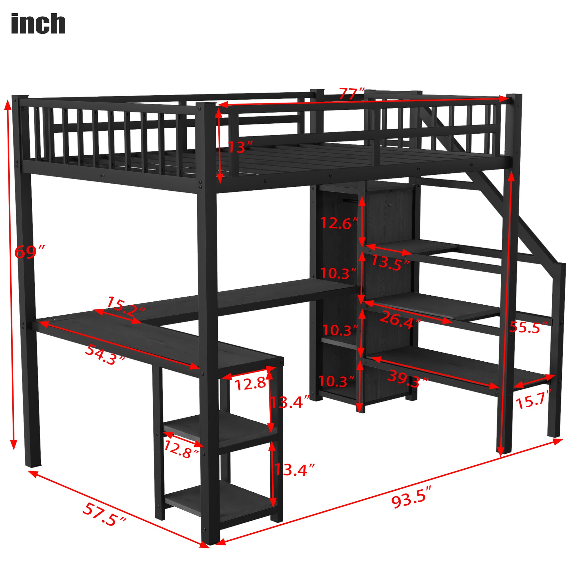 Metal Full Loft Bed With Wardrobe And Led Light,