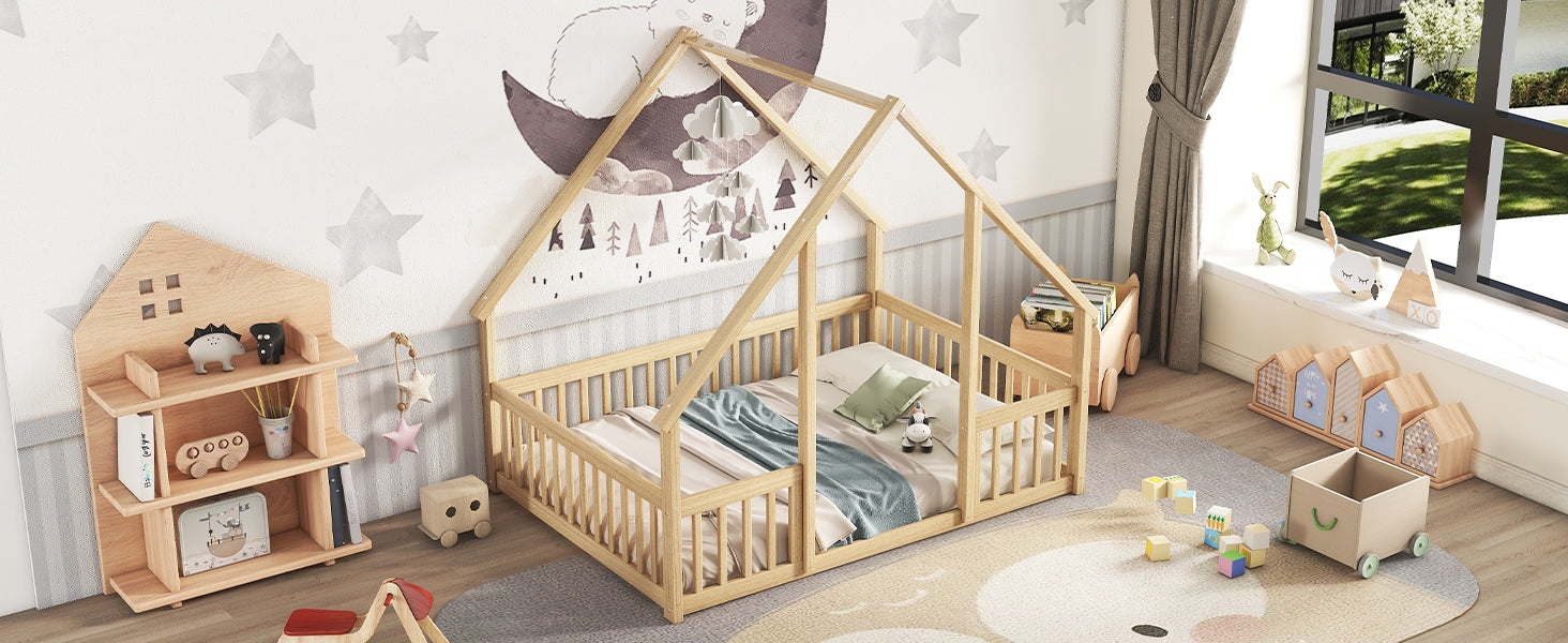 Full Wood House Shaped Floor Bed With Fence -