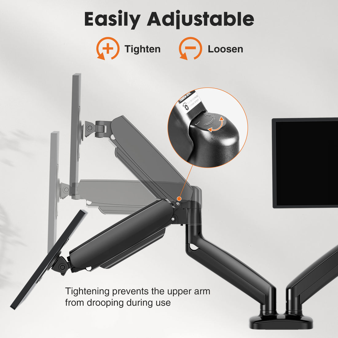 Dual Monitor Vertical Arm, Gas Spring 2 Monitor -