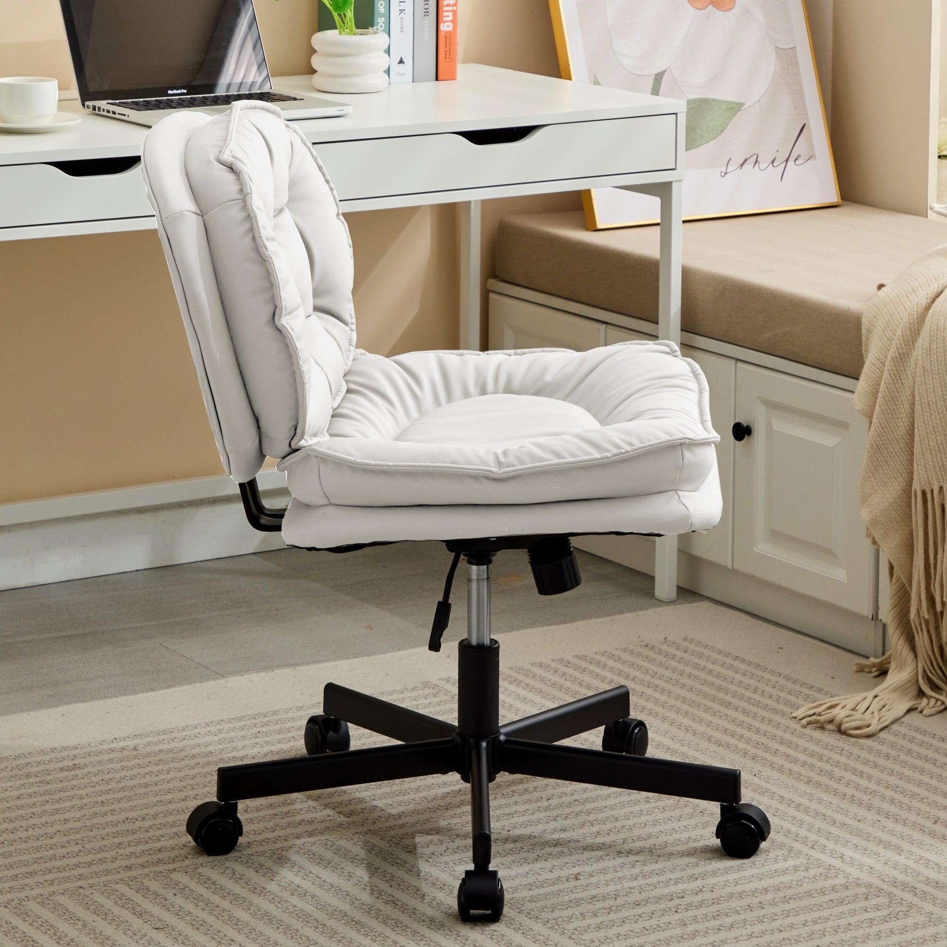 Armless Office Desk Chair With Wheels: Pu Leather