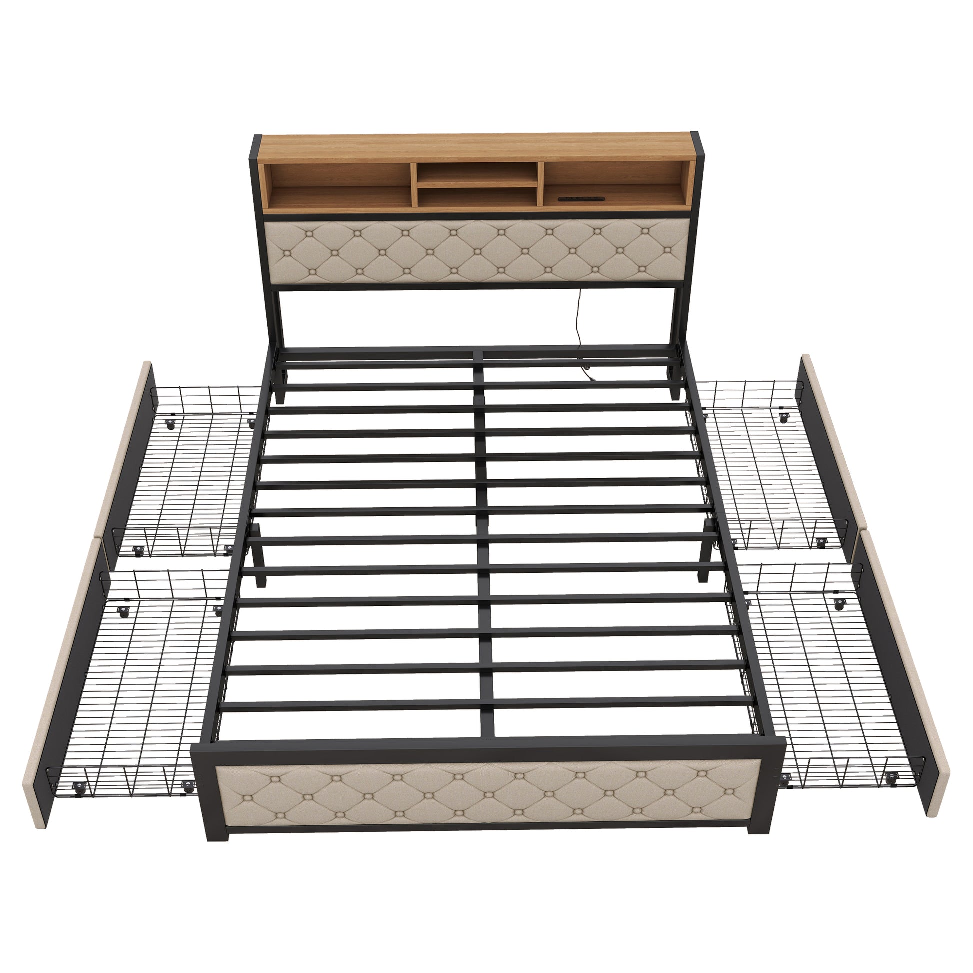 Metal Queen Size Platform Bed With 4 Drawers -