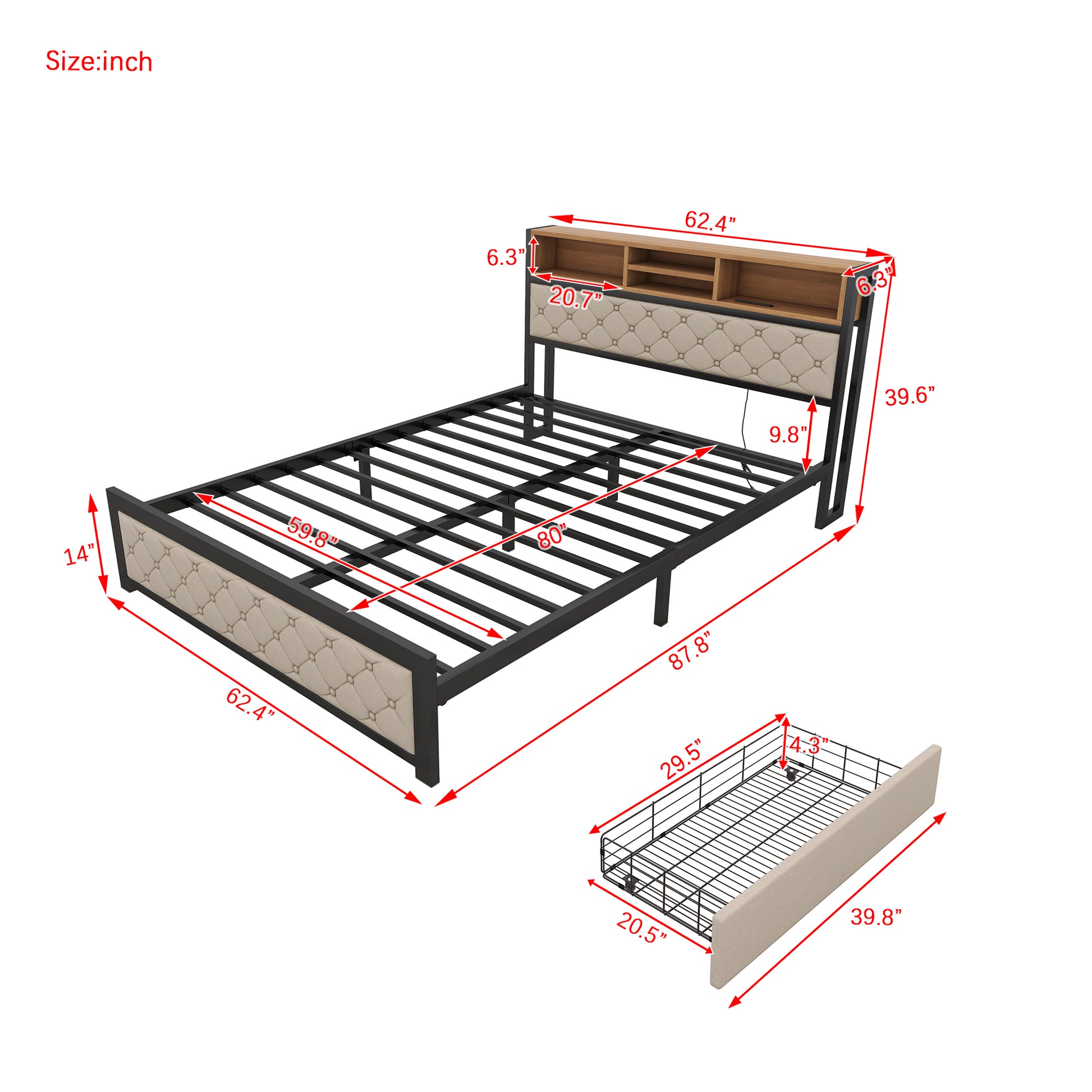 Metal Queen Size Platform Bed With 4 Drawers -