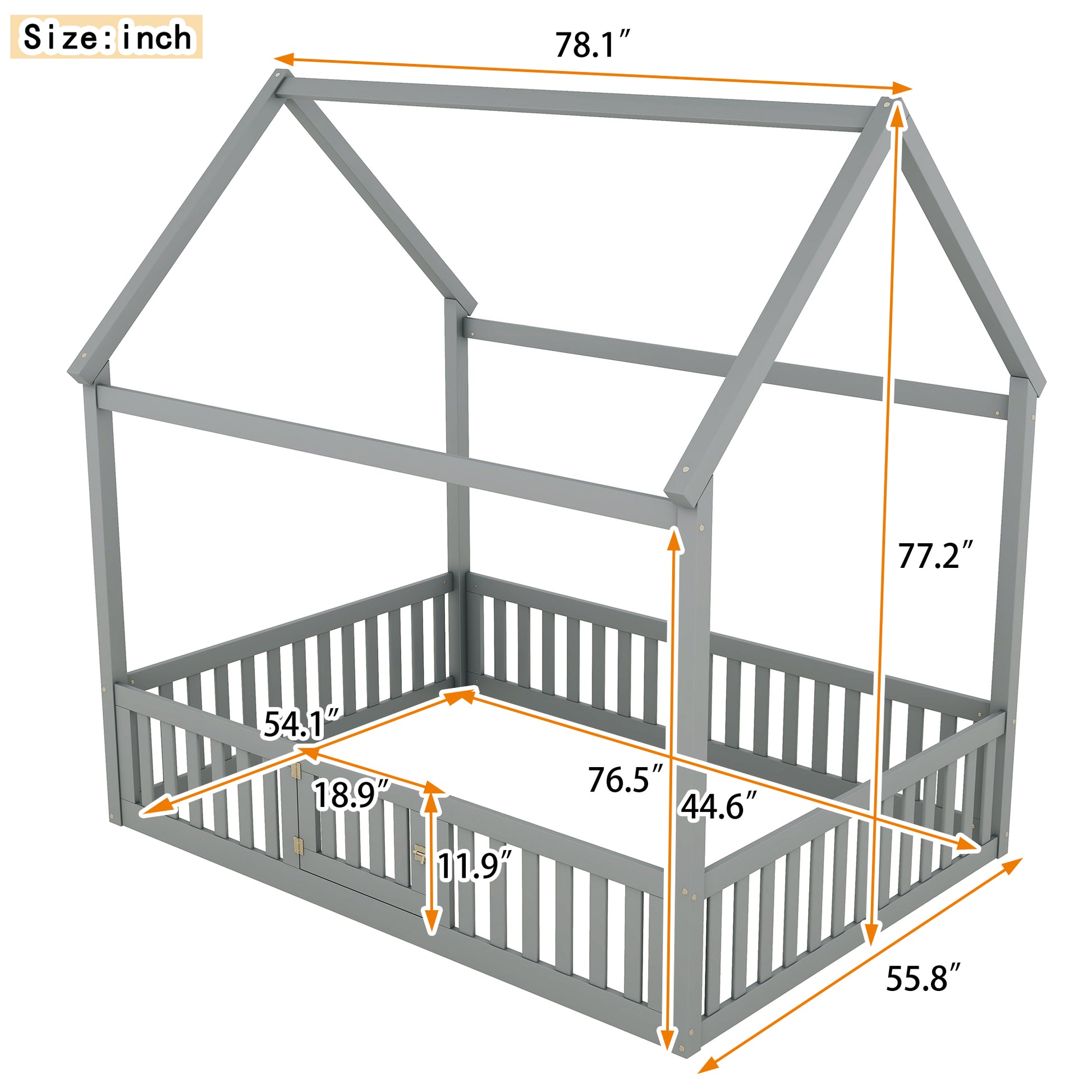 Full Size Wood House Bed With Fence And Door,