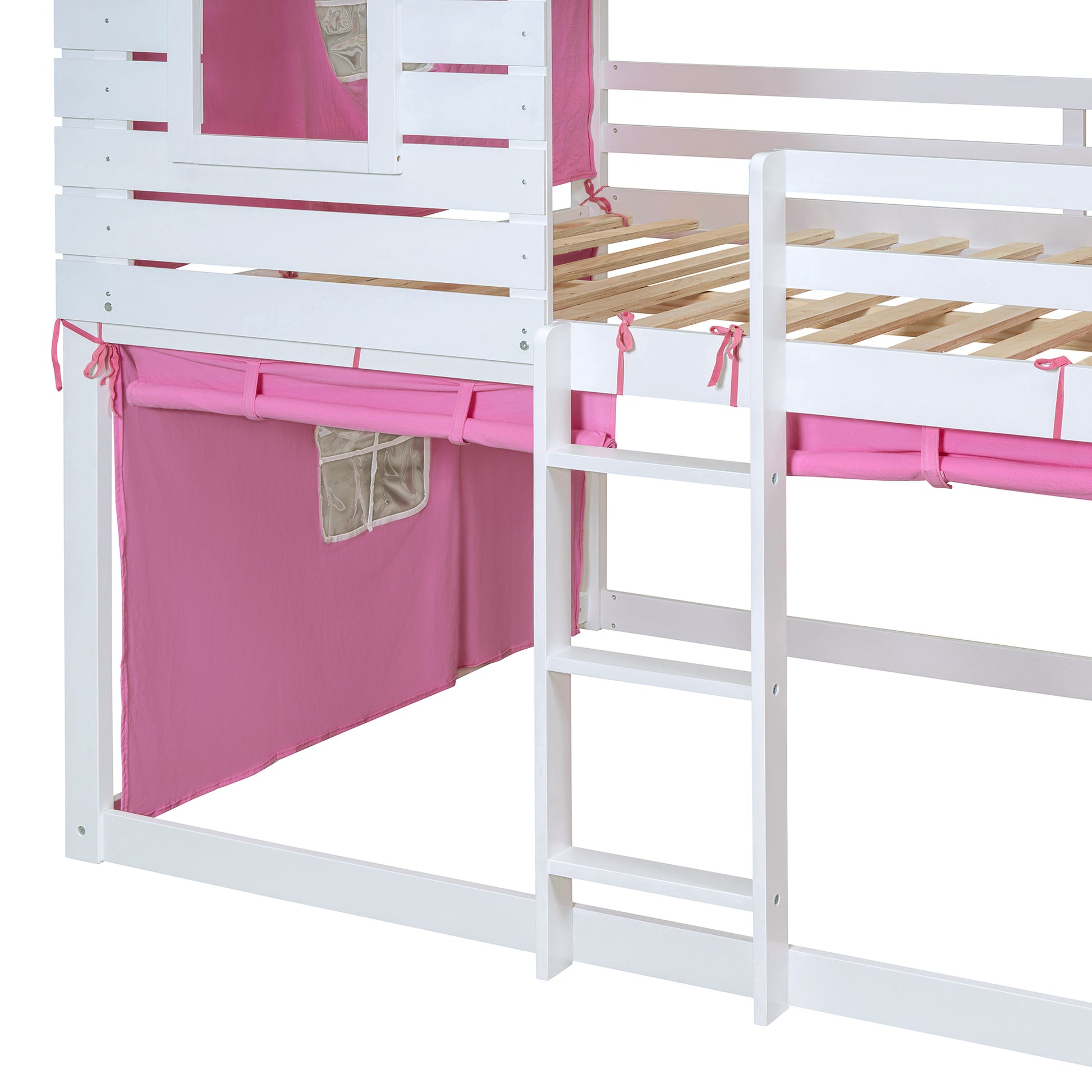 Full Size Bunk Wood House Bed With Tent, Pink