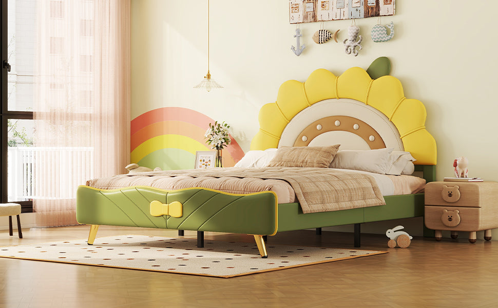 Full Size Upholstered Platform Bed With Sunflower