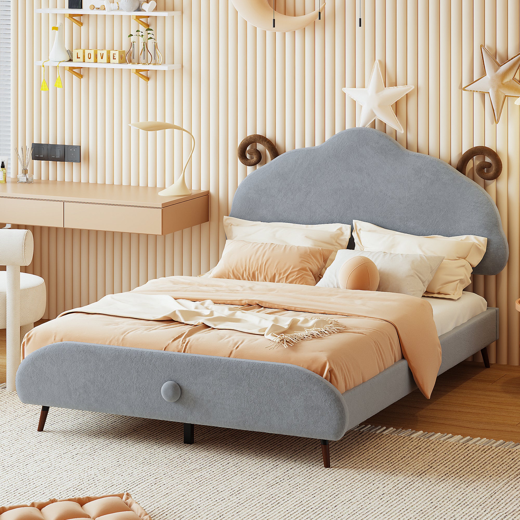 Full Size Upholstered Platform Bed With Sheep