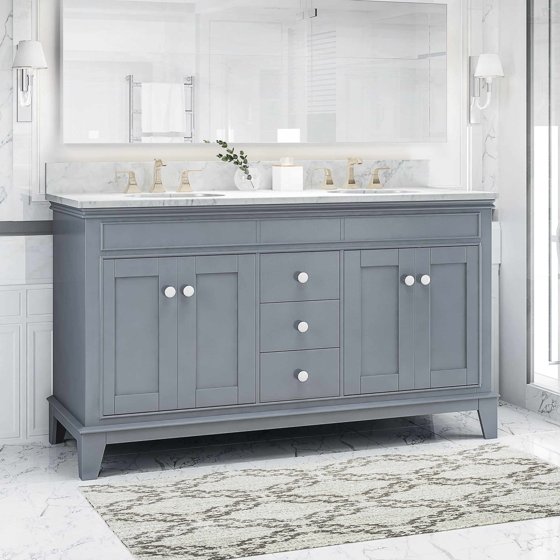 61'' Bathroom Vanity with Marble Top & Double Ceramic gray-plywood