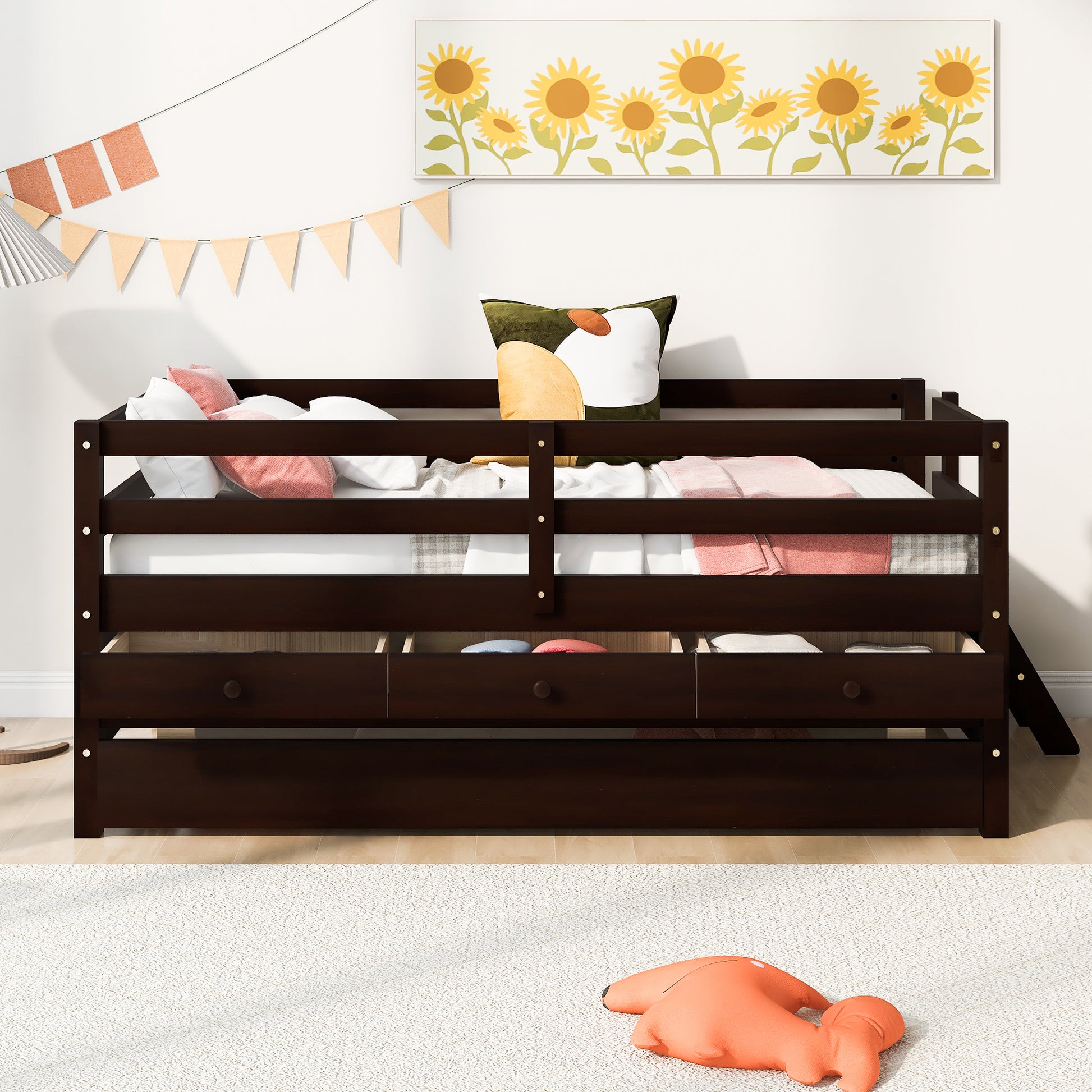 Low Loft Bed Twin Size With Full Safety Fence -