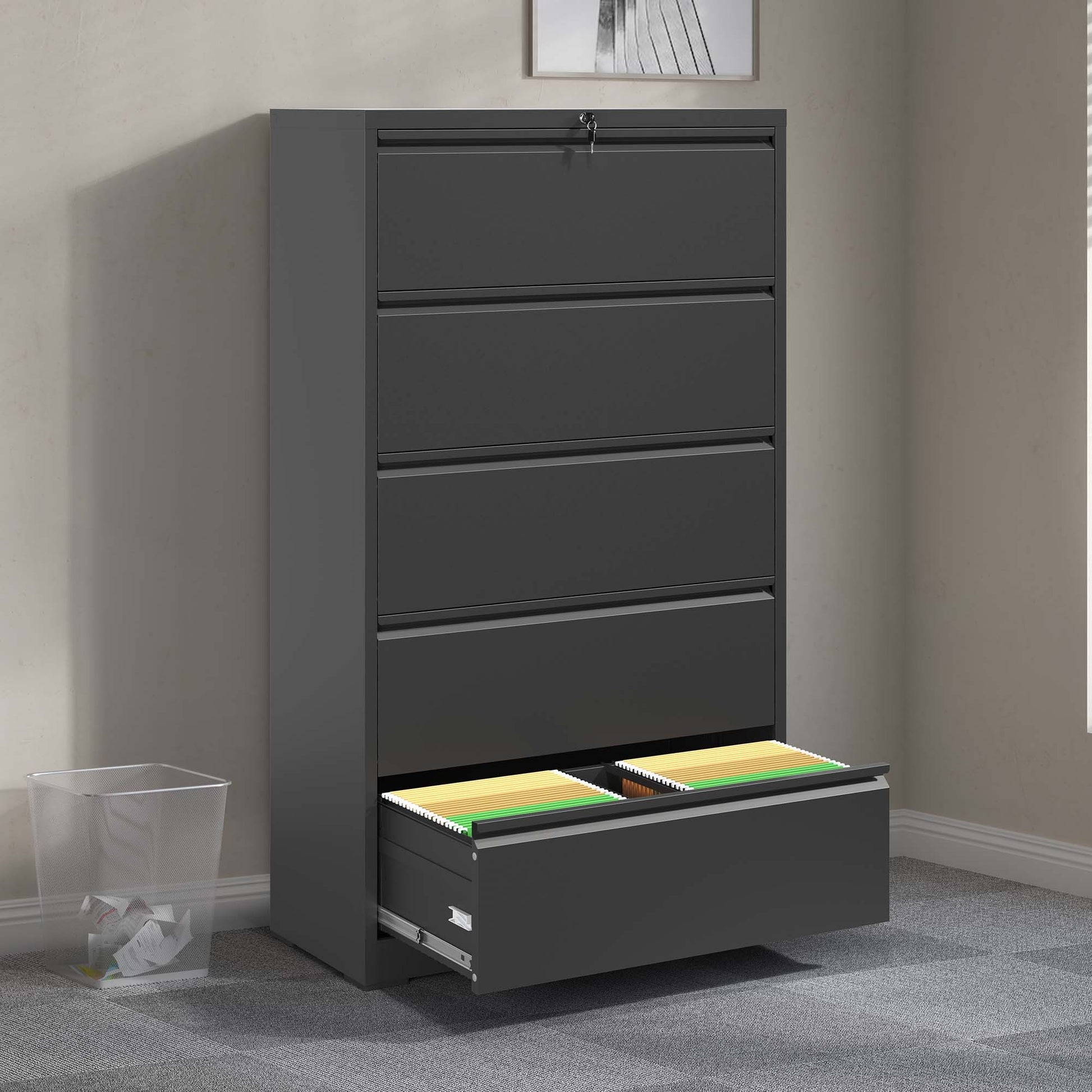 5 Drawer Metal Lateral File Cabinetblack Filing -