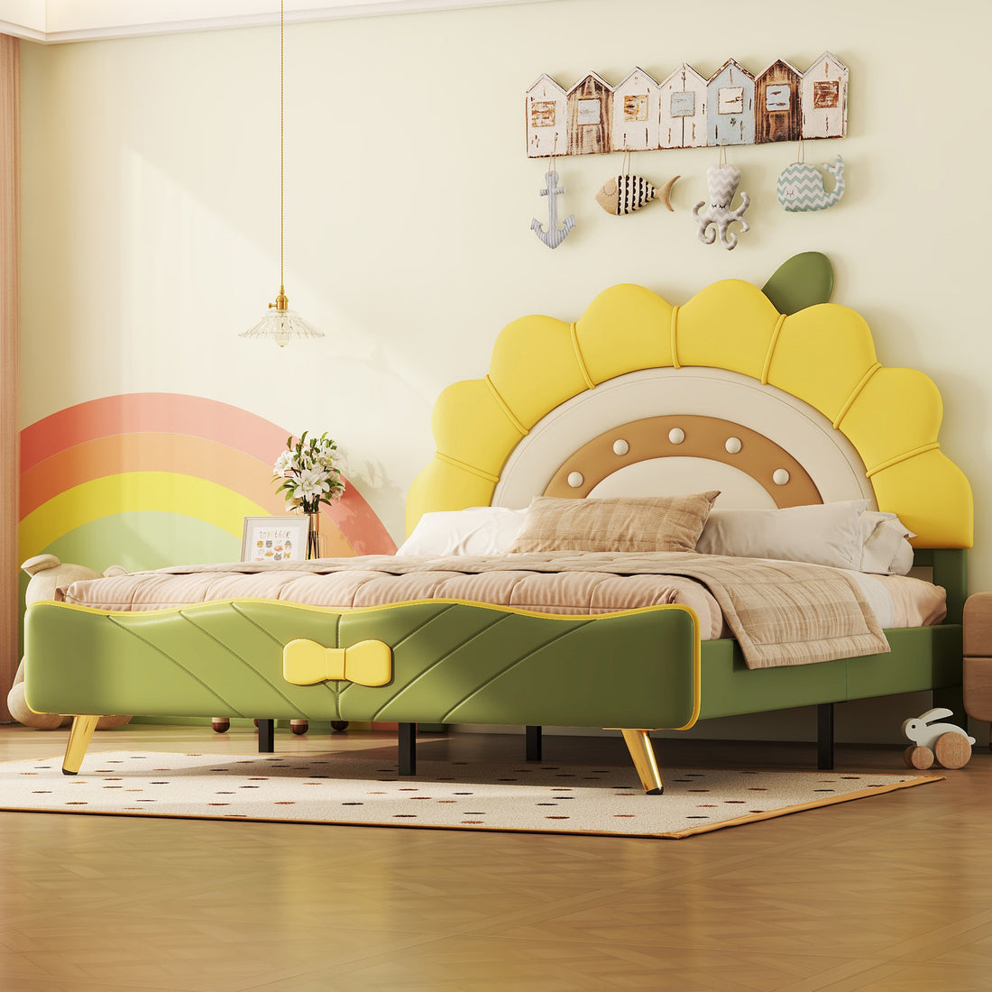 Full Size Upholstered Platform Bed With Sunflower