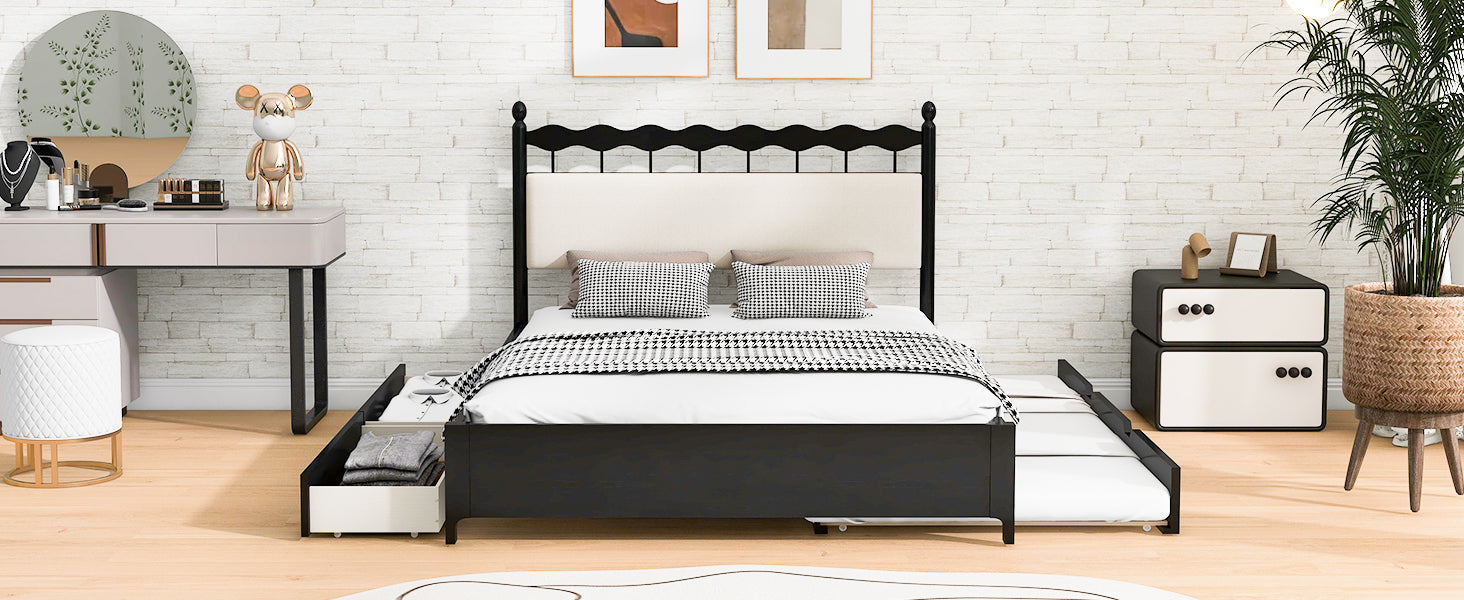 Queen Size Wooden Storage Platform Bed, With 2