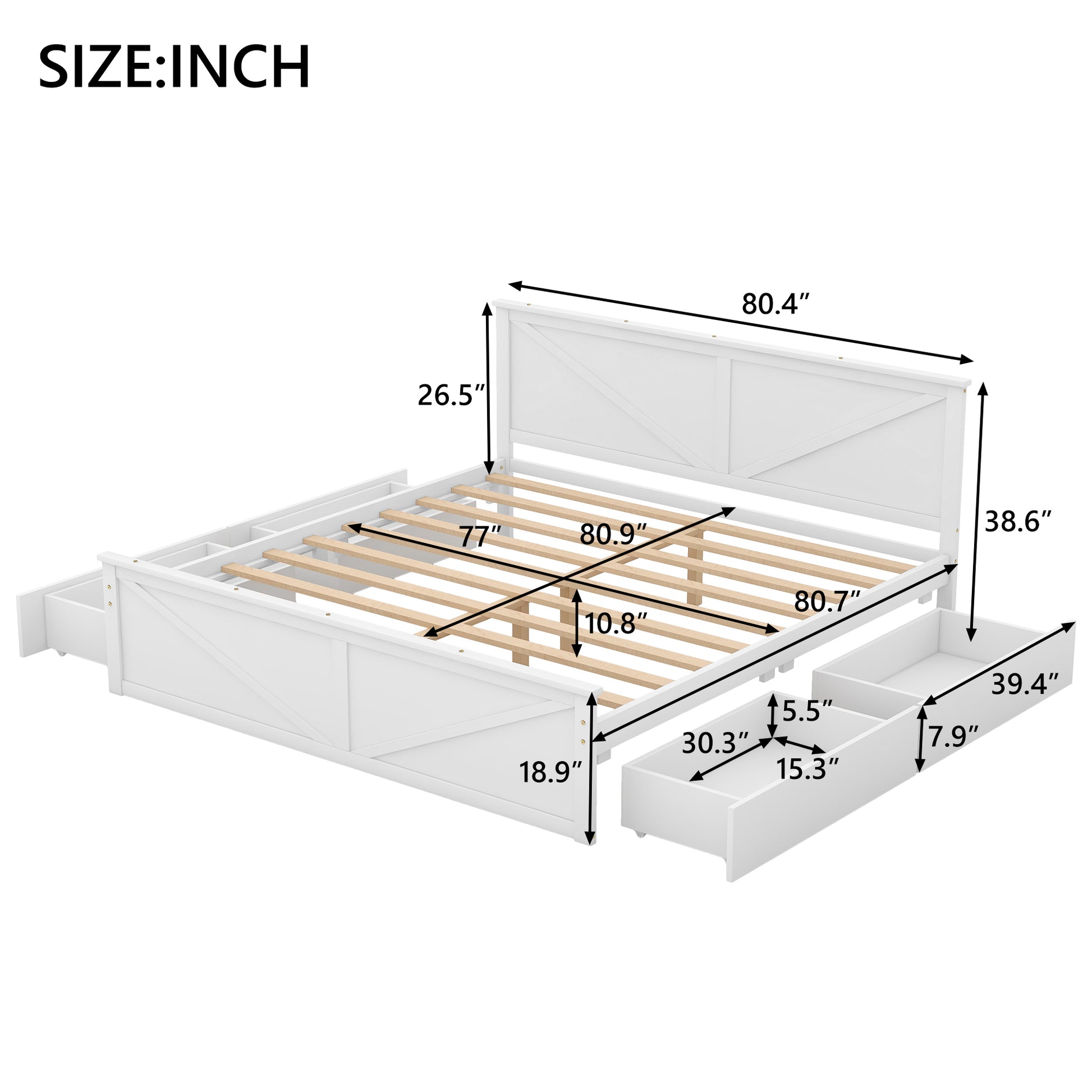 King Size Wooden Platform Bed With Four Storage -