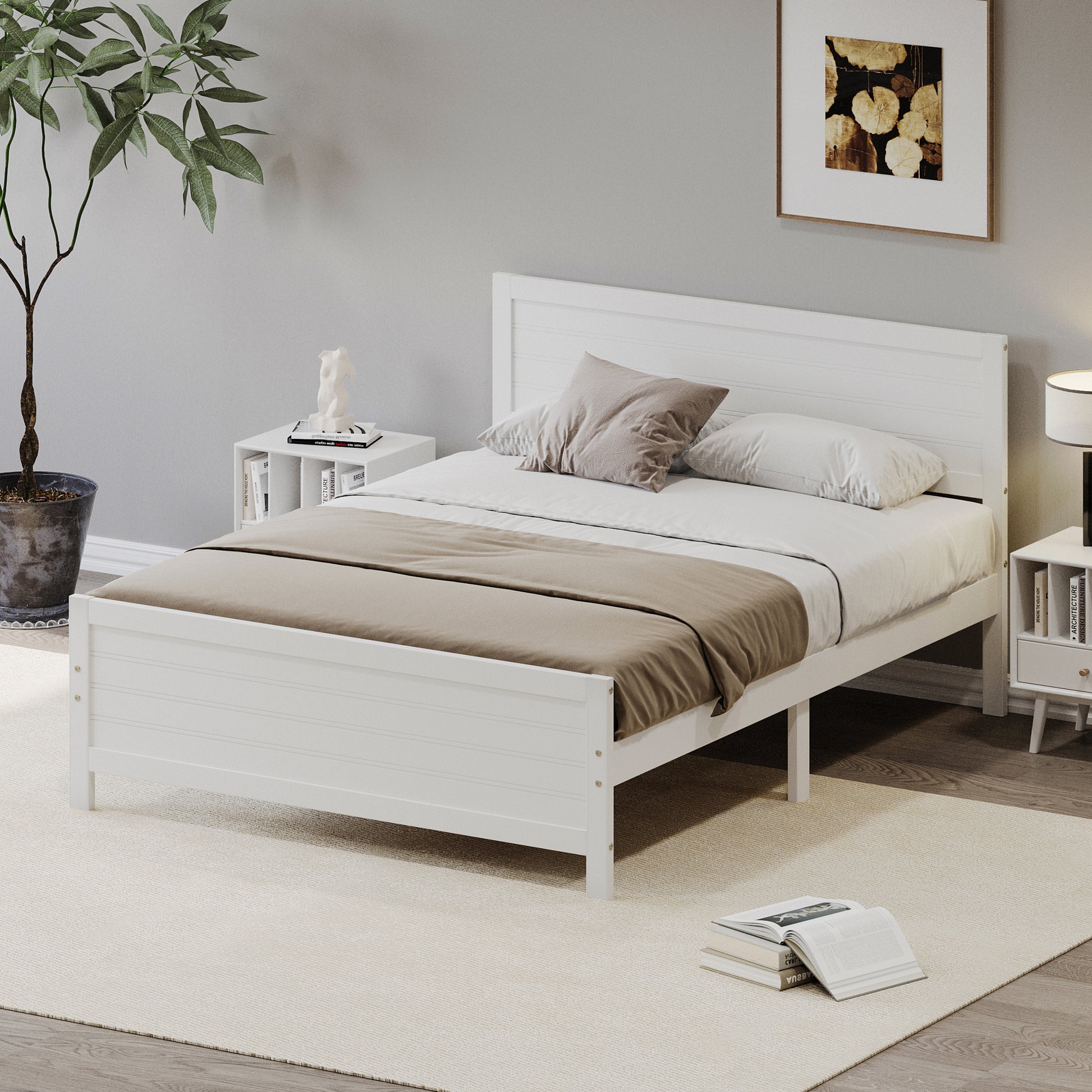 Wood Platform Bed Frame With Headboard, Mattress