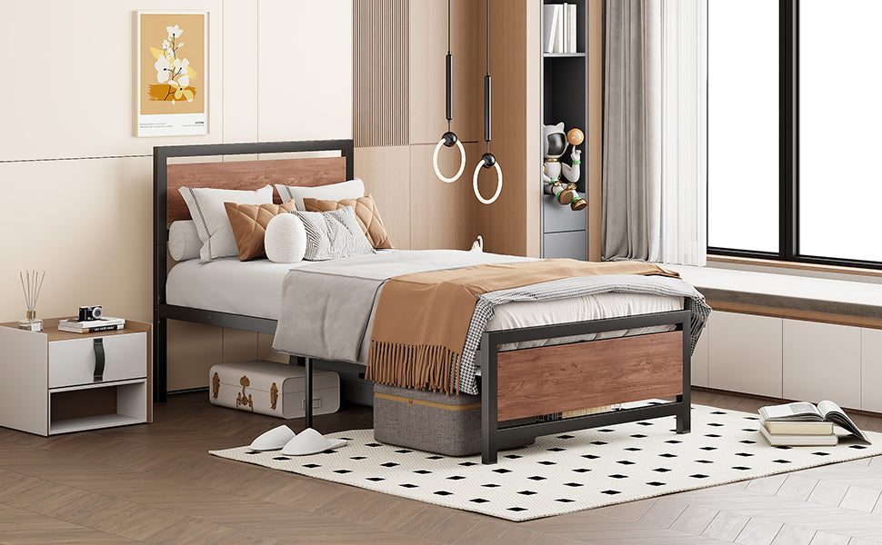 Twin Size Platform Bed, Metal And Wood Bed Frame