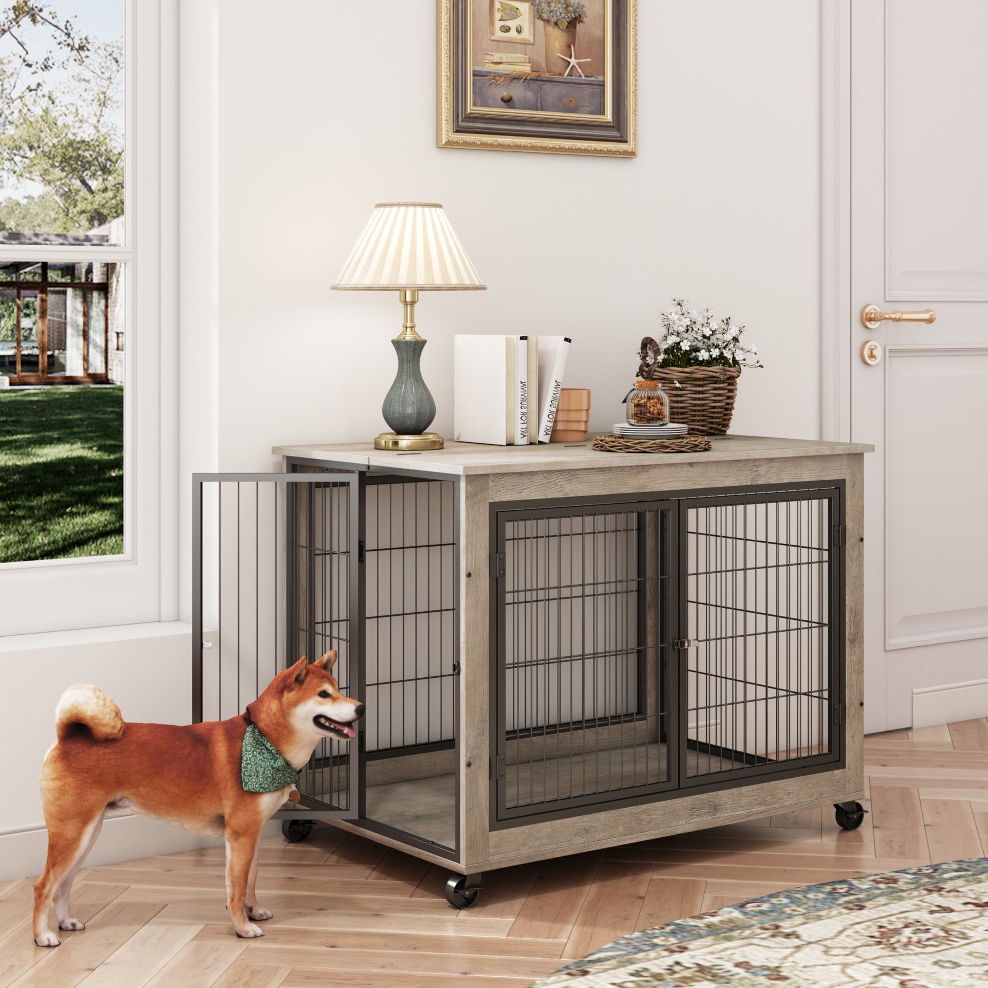 Furniture Style Dog Crate Side Table On Wheels