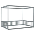 Full Size Canopy Frame Floor Bed With Fence -