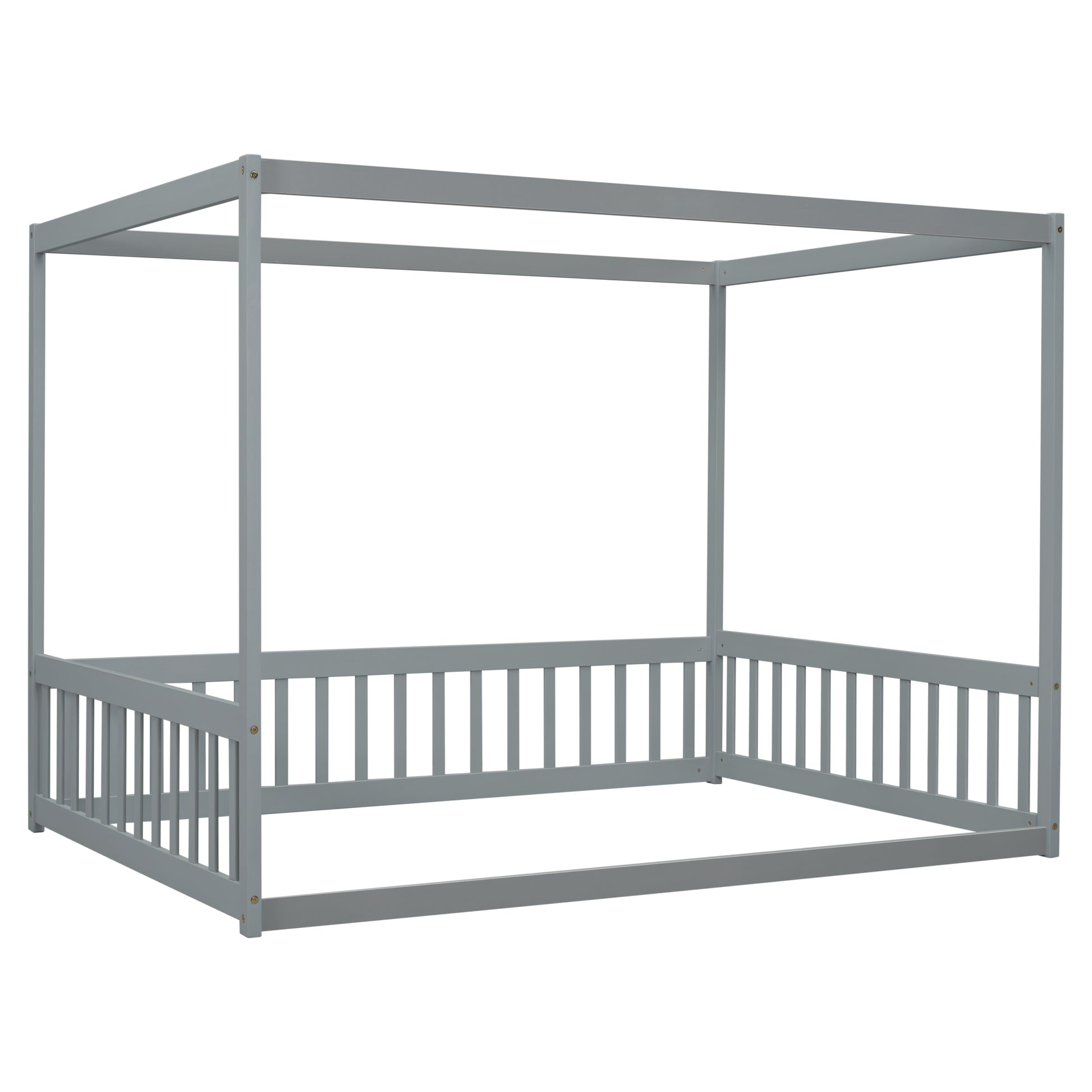 Full Size Canopy Frame Floor Bed With Fence -