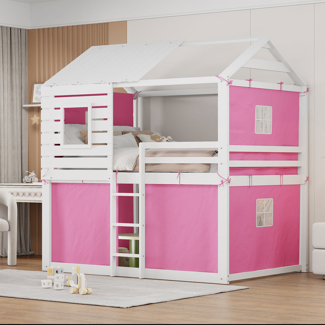 Full Size Bunk Wood House Bed With Tent, Pink