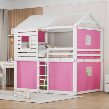 Full Size Bunk Wood House Bed With Tent, Pink