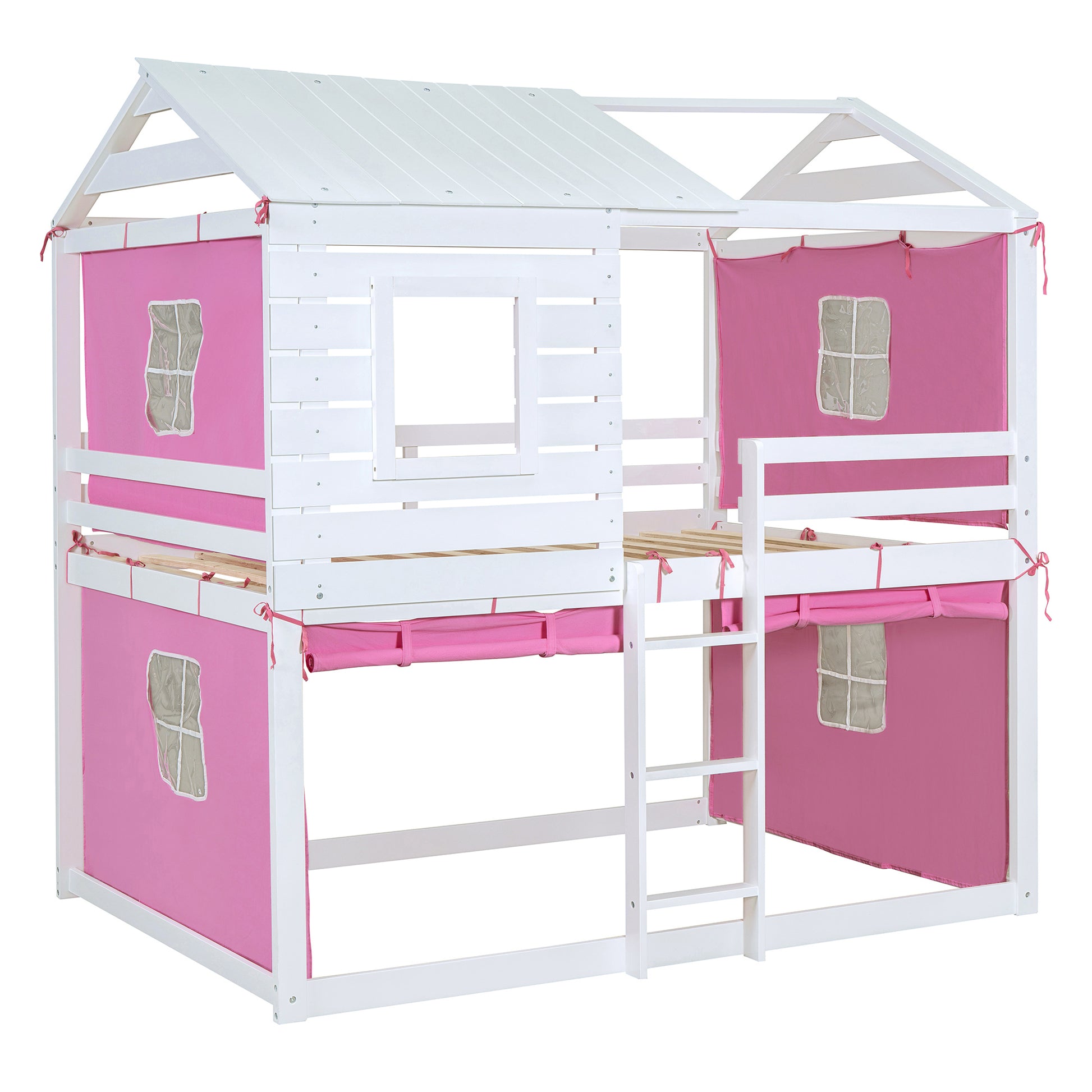 Full Size Bunk Wood House Bed With Tent, Pink