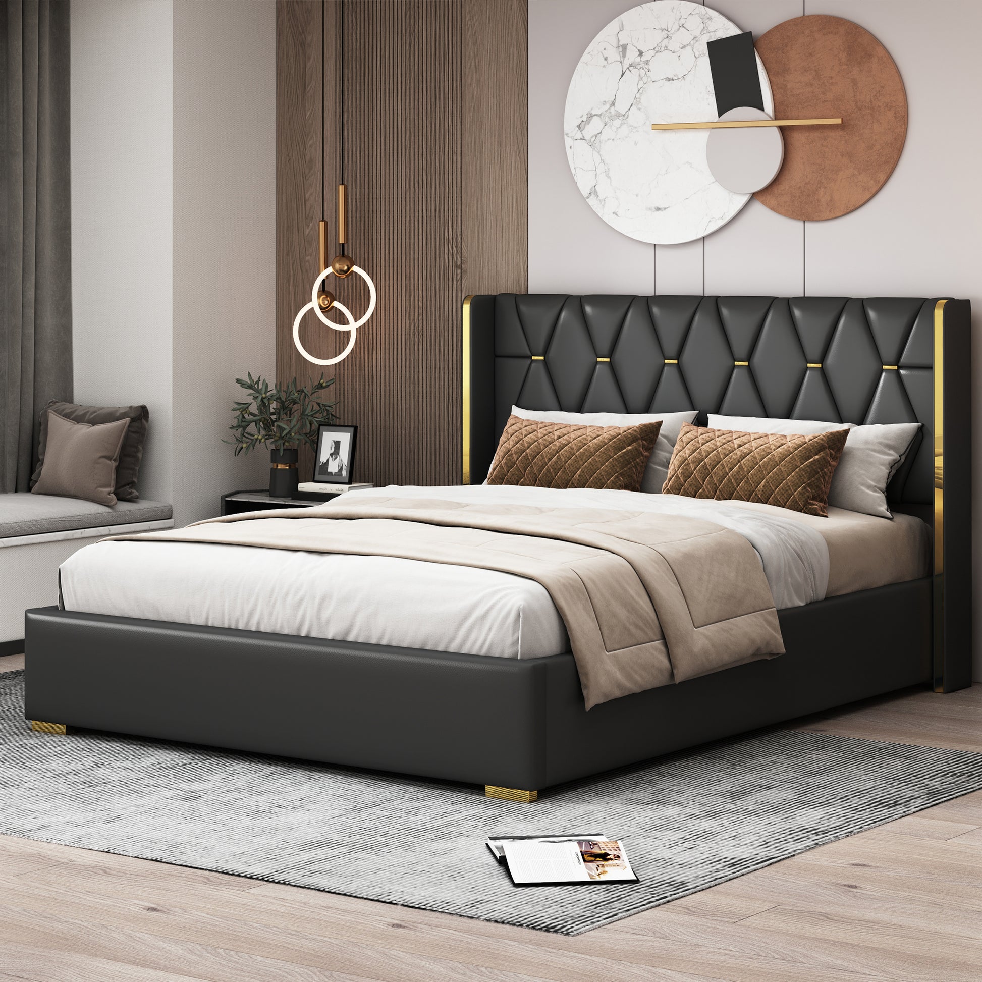 Queen Size Upholstered Platform Bed With Metal