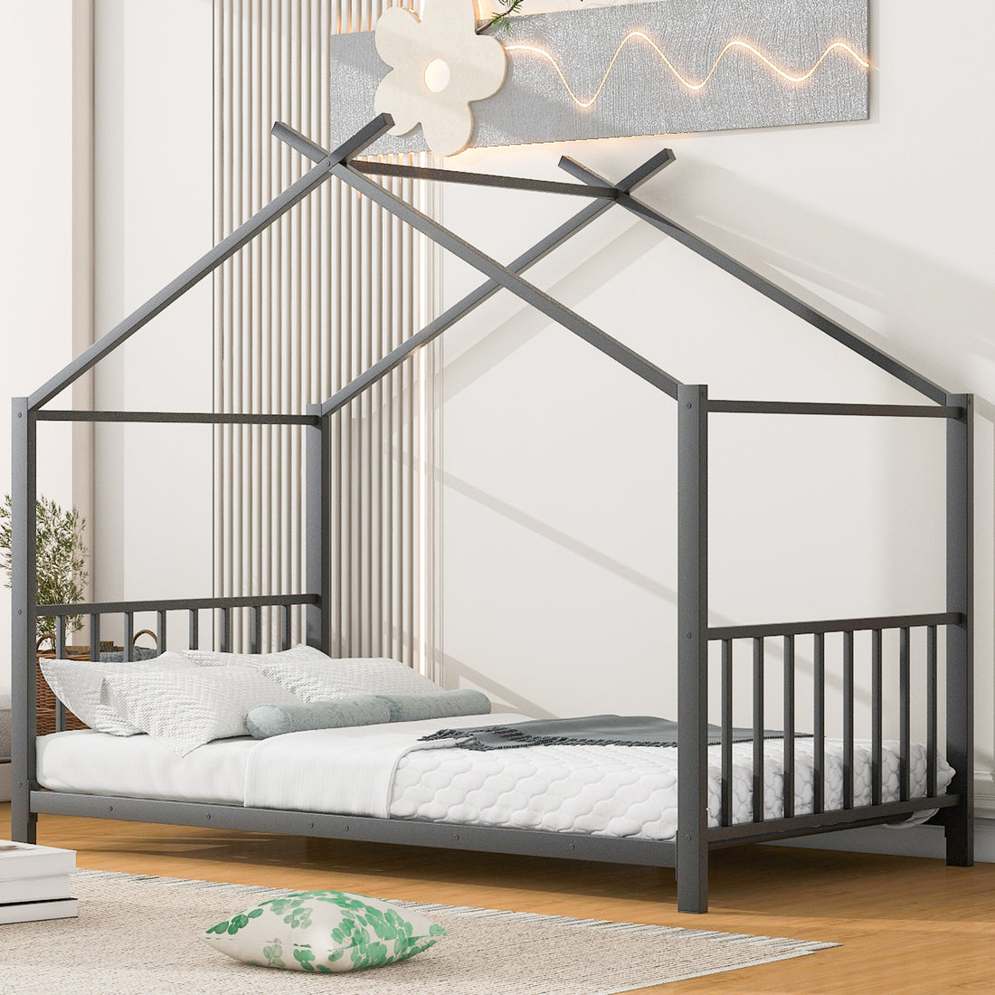 Twin Size Metal House Platform Bed, Black - Box