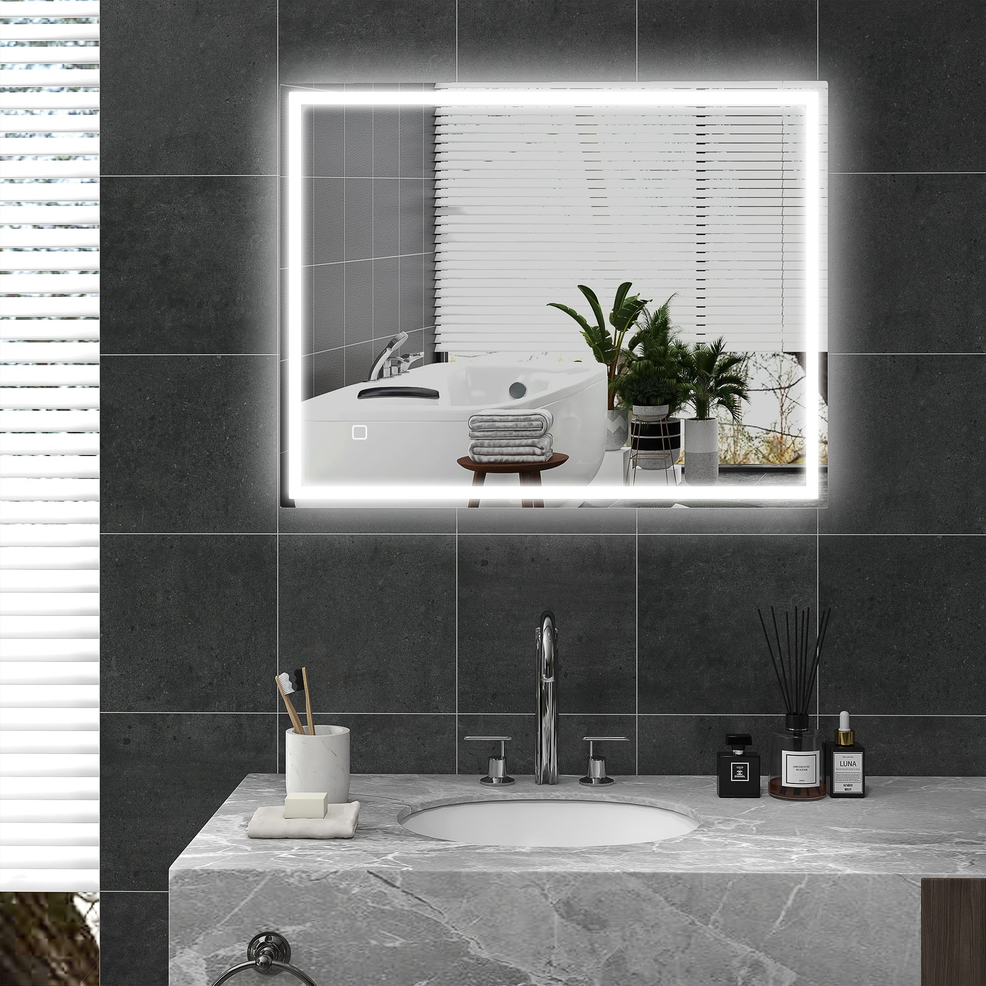 HOMCOM 36" x 28" Dimmable Bathroom Mirror with Lights silver-tempered glass