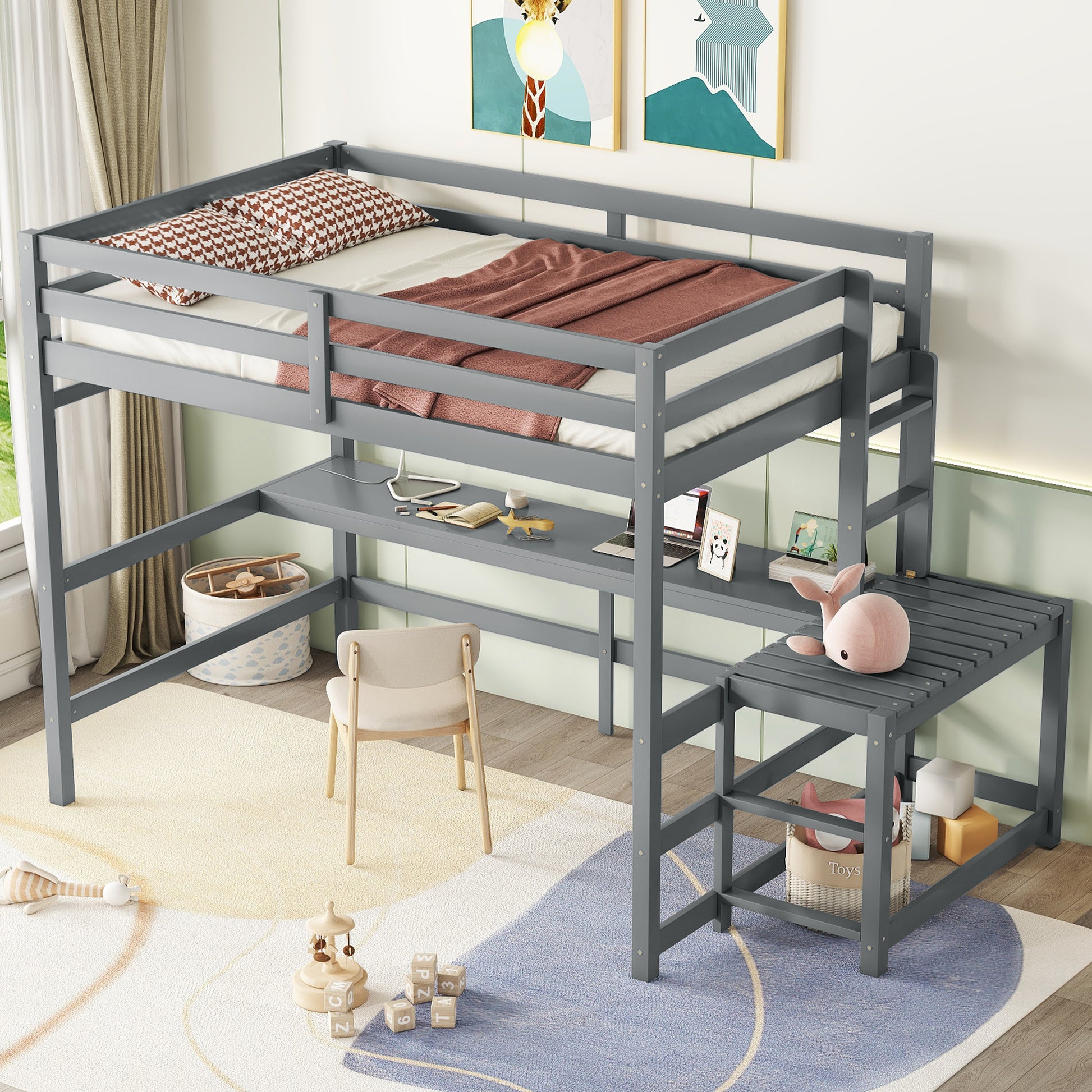 Full Loft Bed With Built In Desk, Ladder Platform