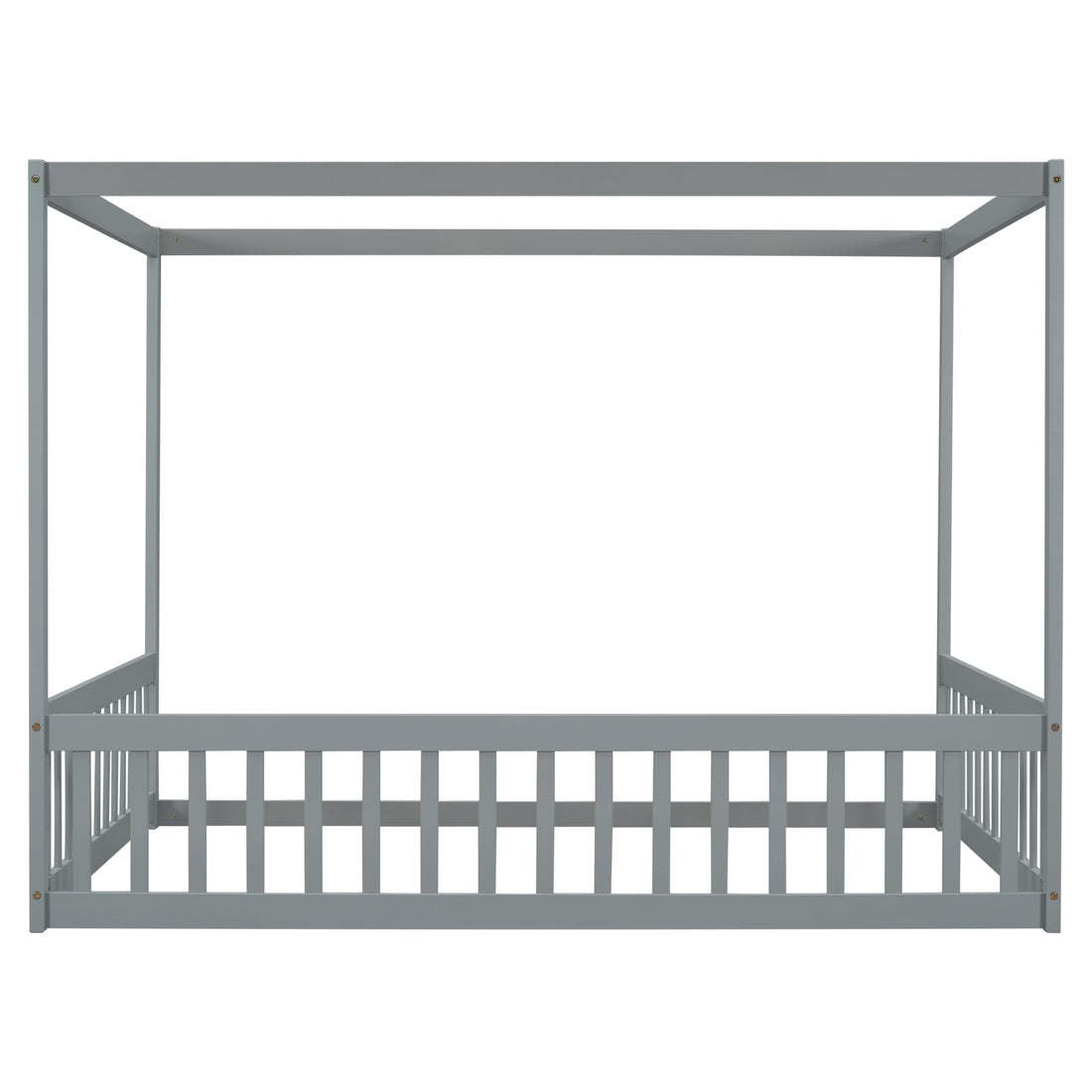 Full Size Canopy Frame Floor Bed With Fence -