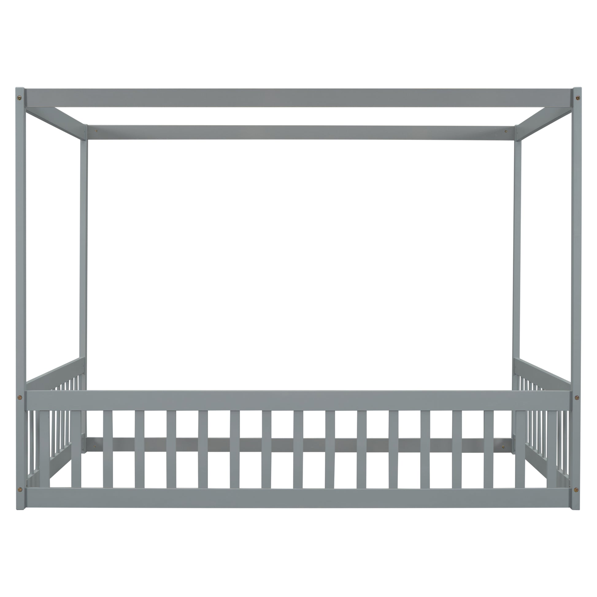 Full Size Canopy Frame Floor Bed With Fence -