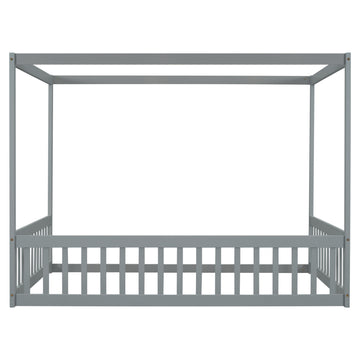 Full Size Canopy Frame Floor Bed With Fence -