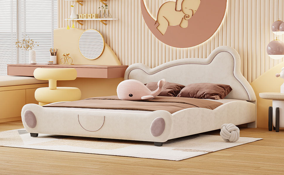 Queen Size Velvet Platform Bed With Bear Shaped -