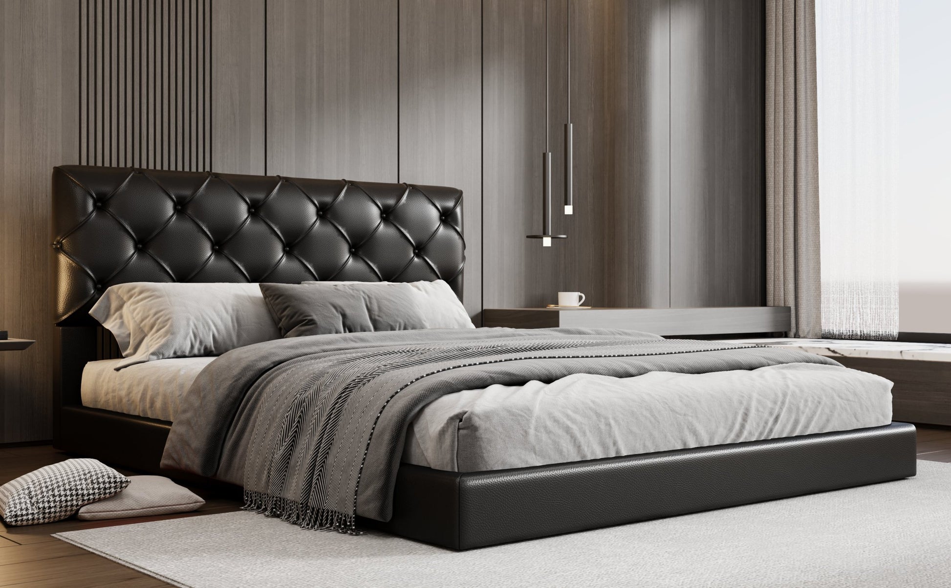 Queen Size Tufted Upholstered Platform Bed, Black