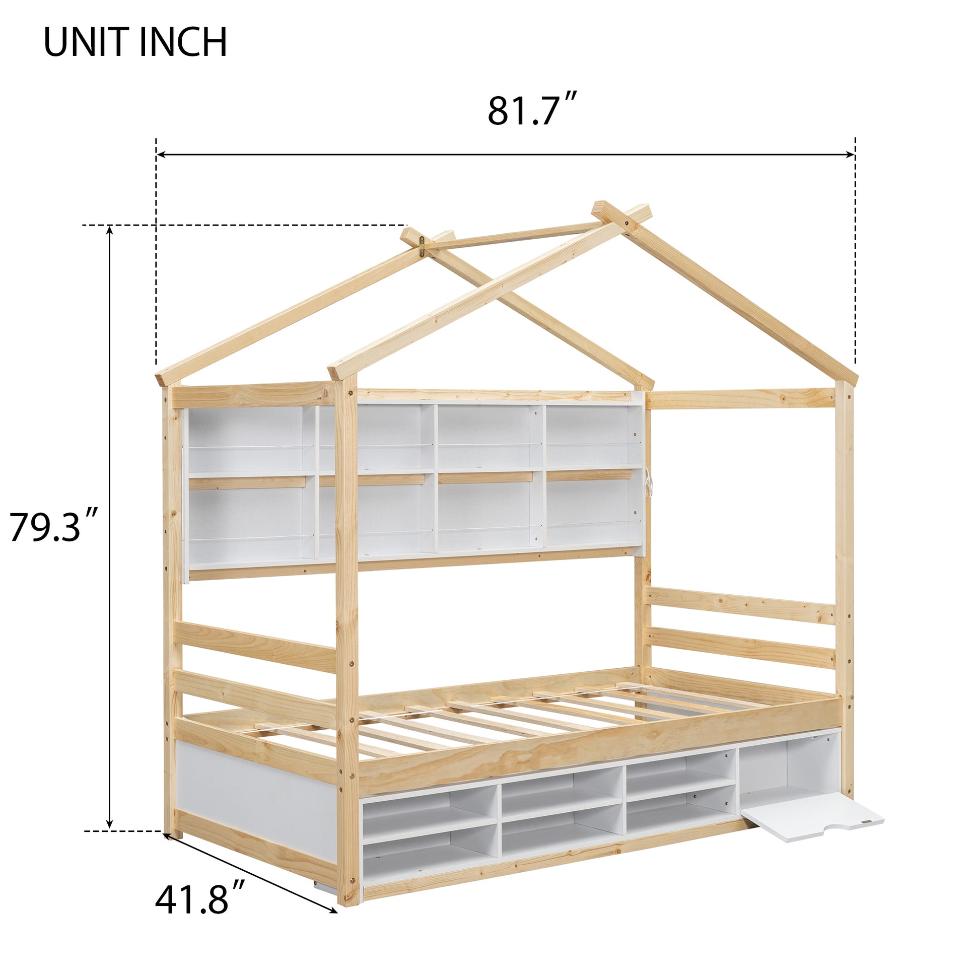 Twin House Bed With Roof Frame, Bedside Shelves,