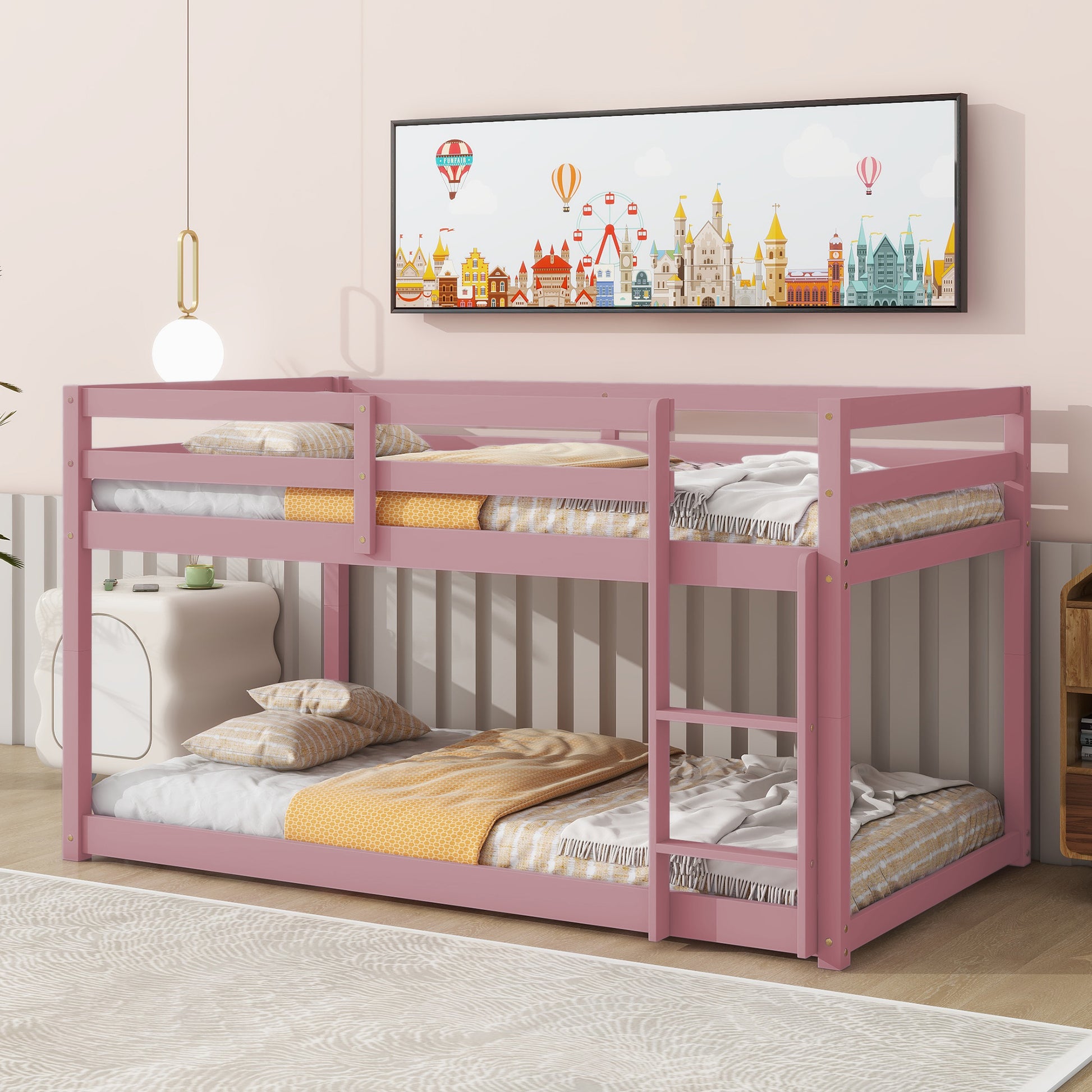 Twin Over Twin Floor Bunk Bed,Pink - Twin Pink