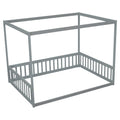 Full Size Canopy Frame Floor Bed With Fence -