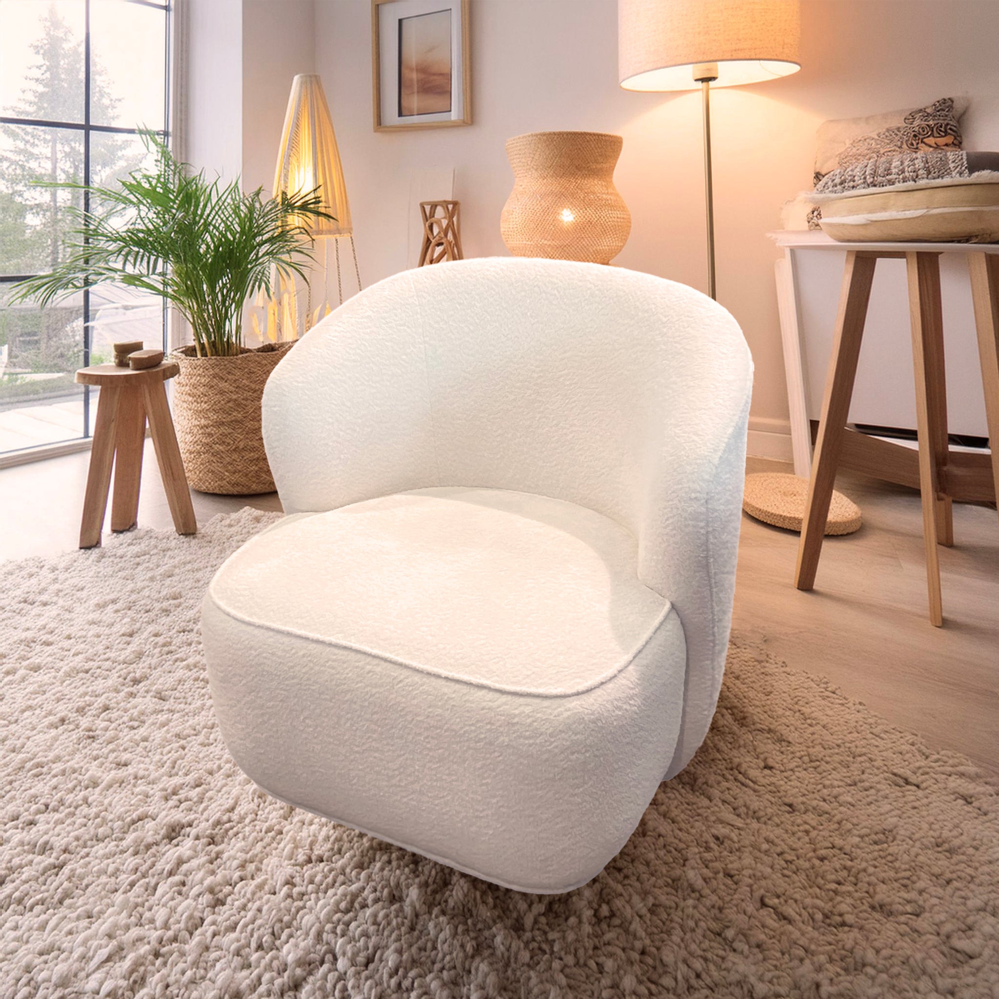 Swivel White Boucle Fabric Chair - White Boucle
