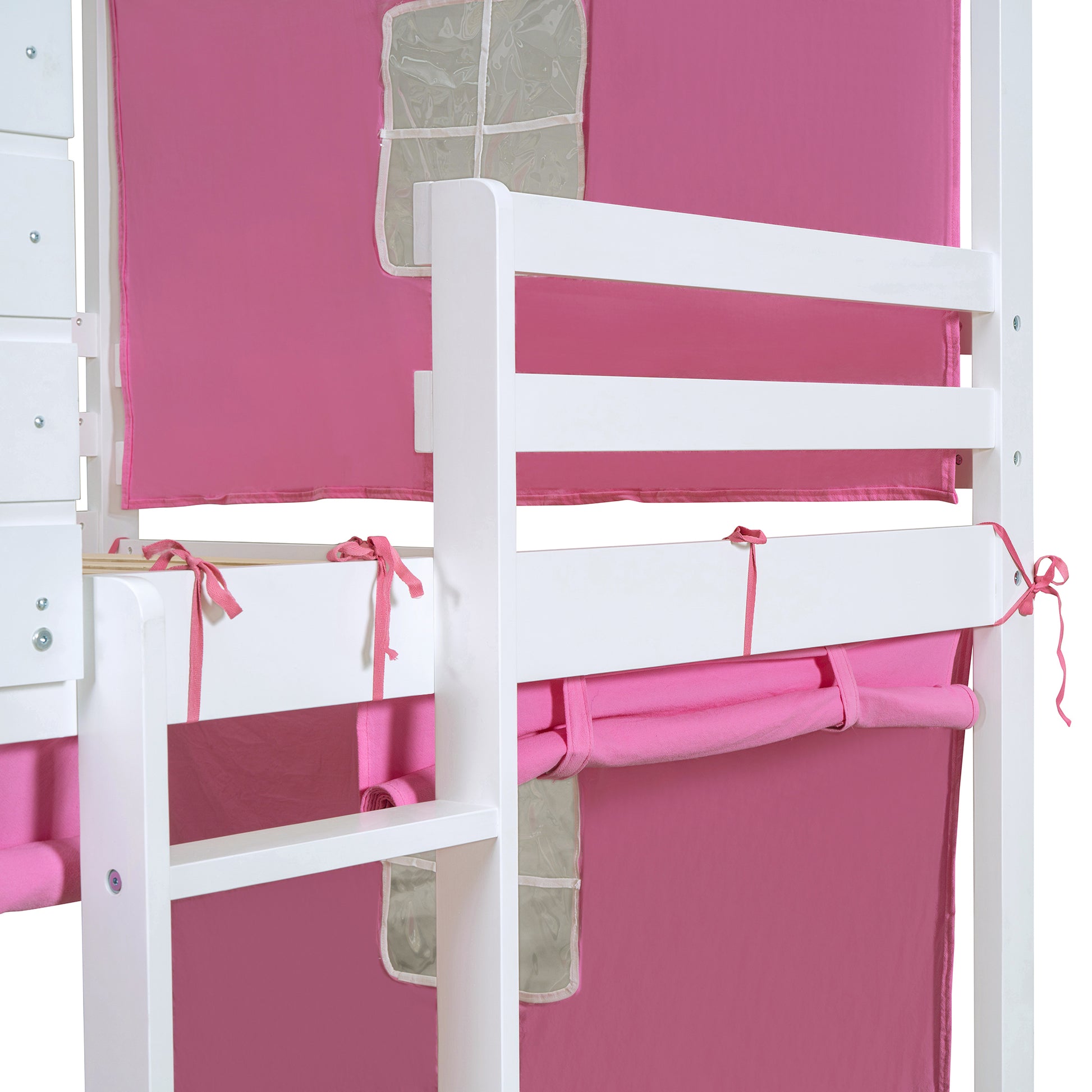 Full Size Bunk Wood House Bed With Tent, Pink