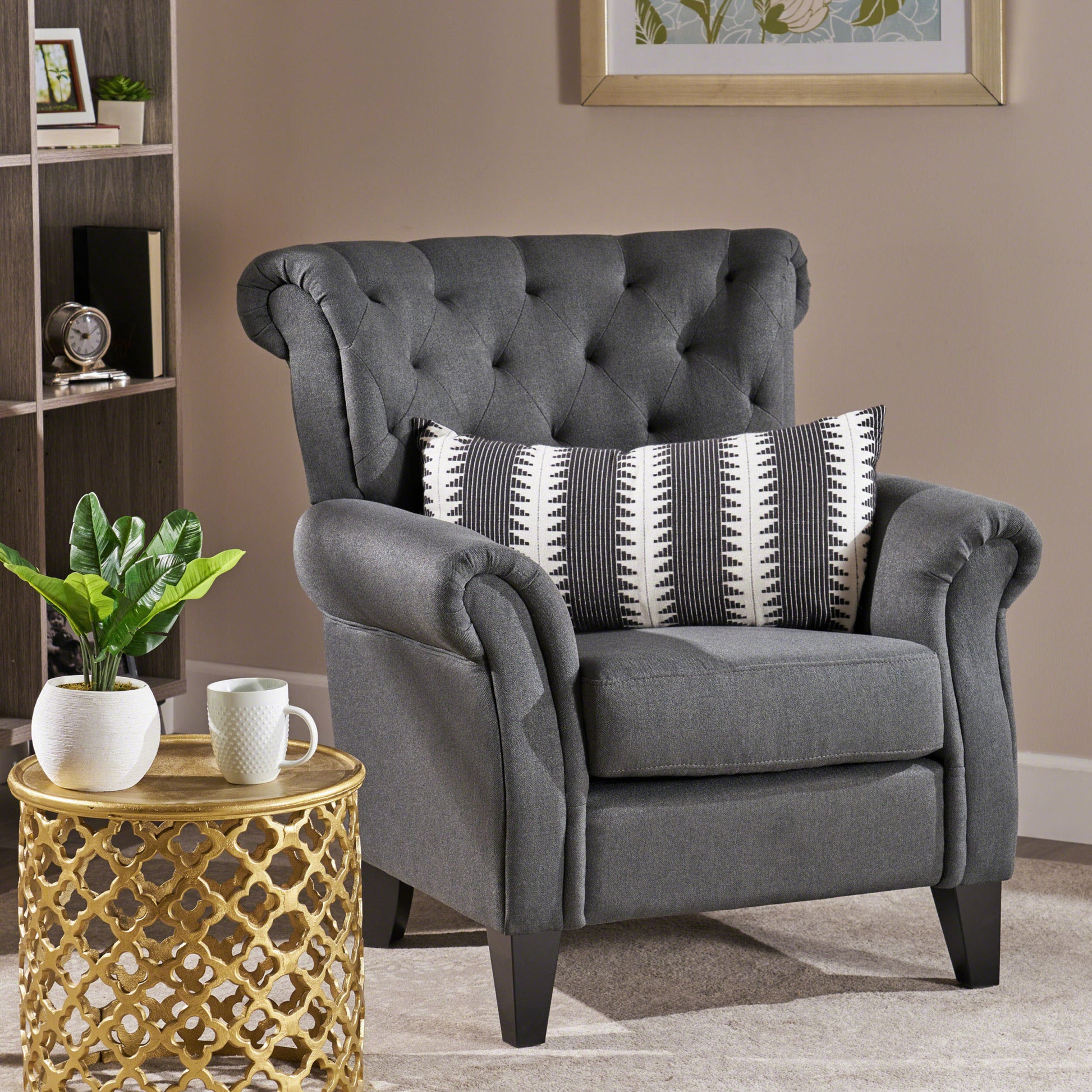 Mirod Comfy Accent Chair with Tufted Backrest, Bedroom dark gray-fabric