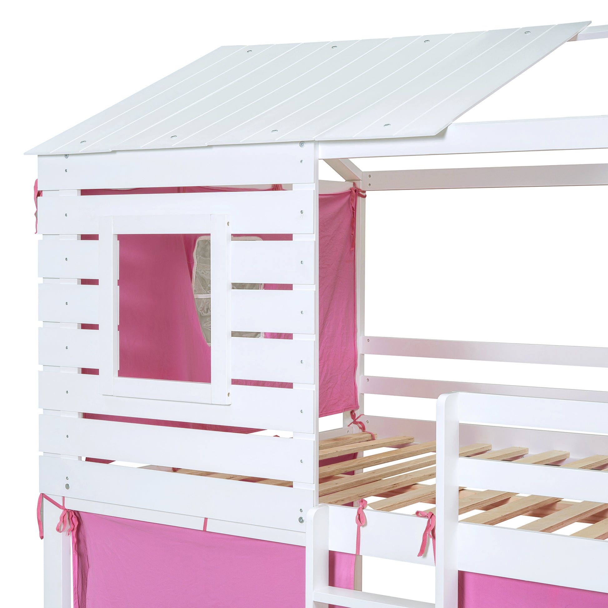 Full Size Bunk Wood House Bed With Tent, Pink