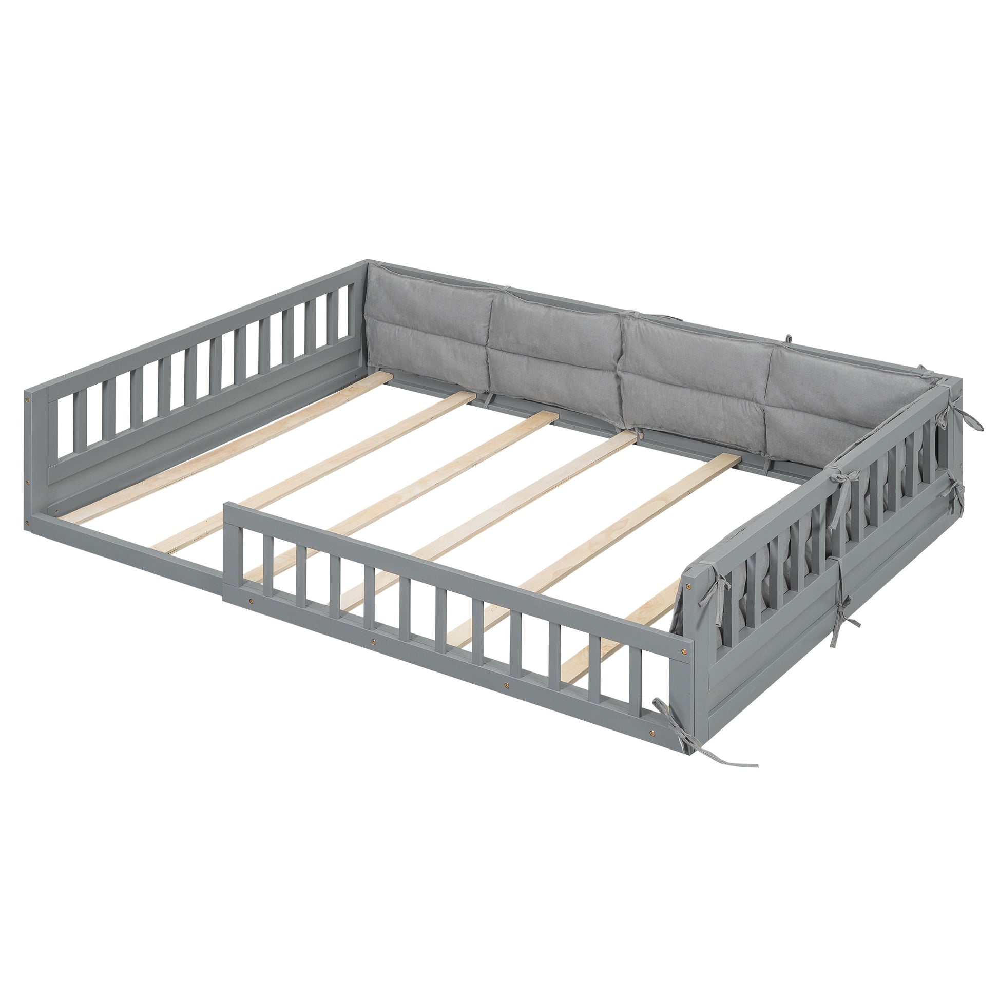 Wood Full Size Upholstered Platform Bed with Guardrail box spring not required-full-gray-wood-bed