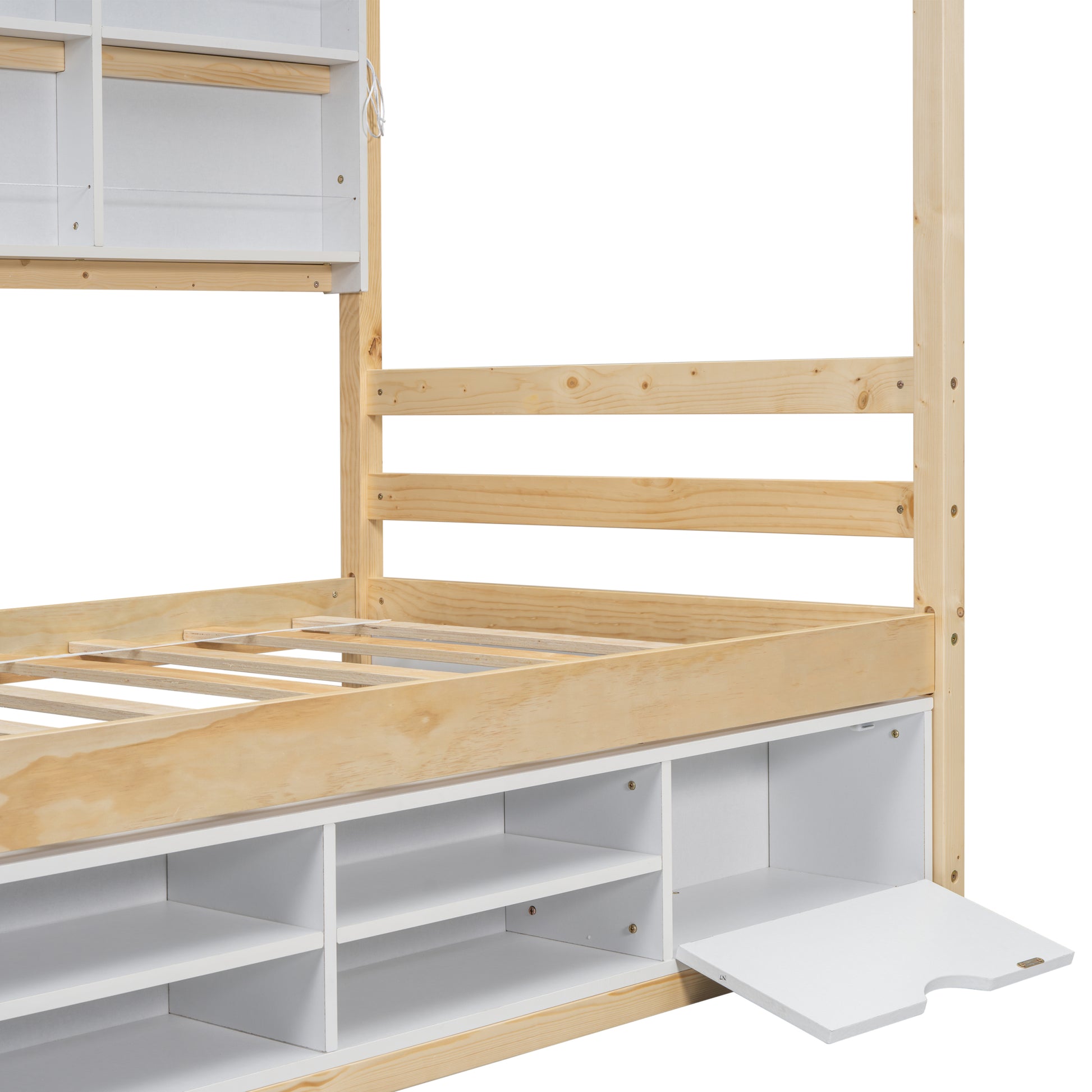 Twin House Bed With Roof Frame, Bedside Shelves,