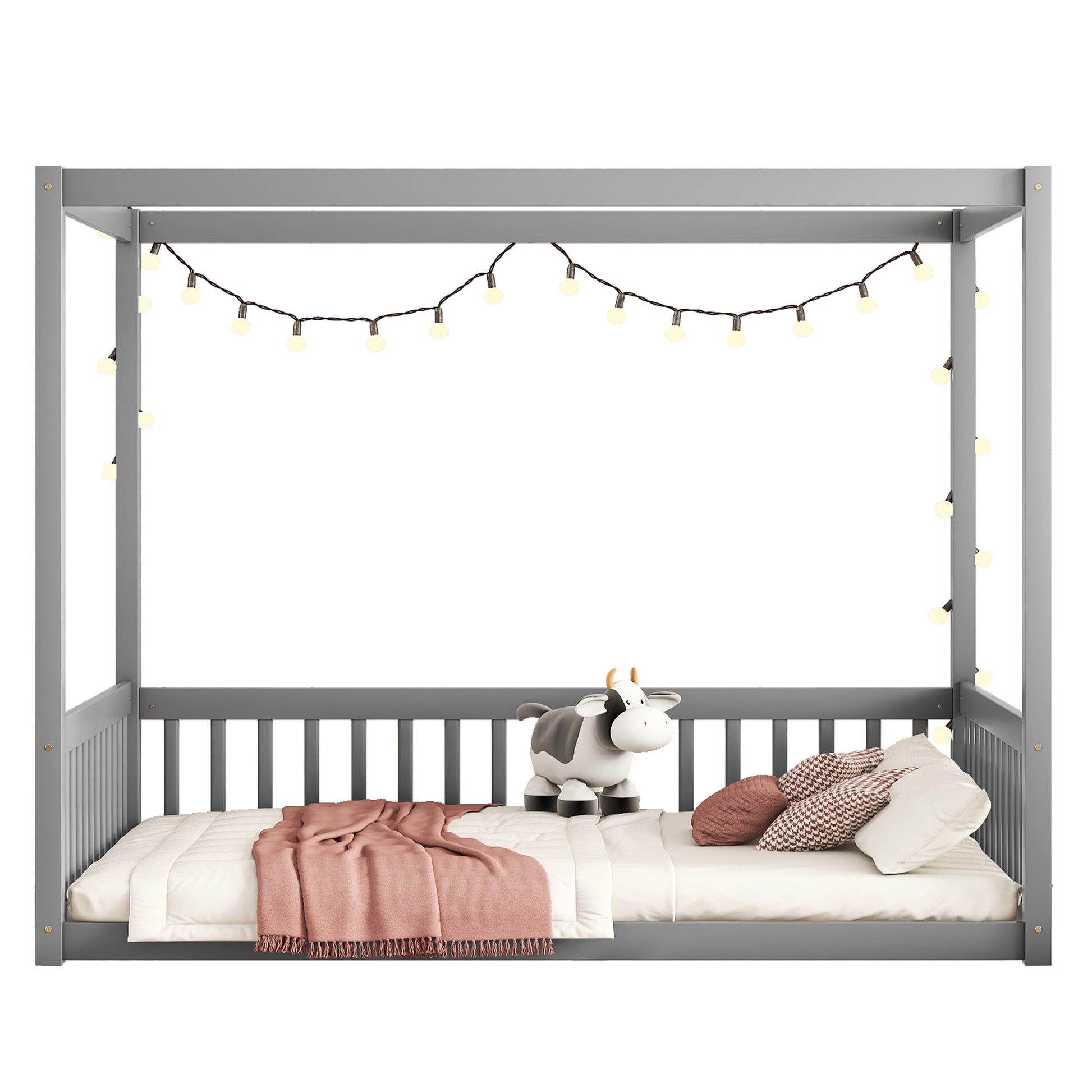 Full Size Canopy Frame Floor Bed With Fence -