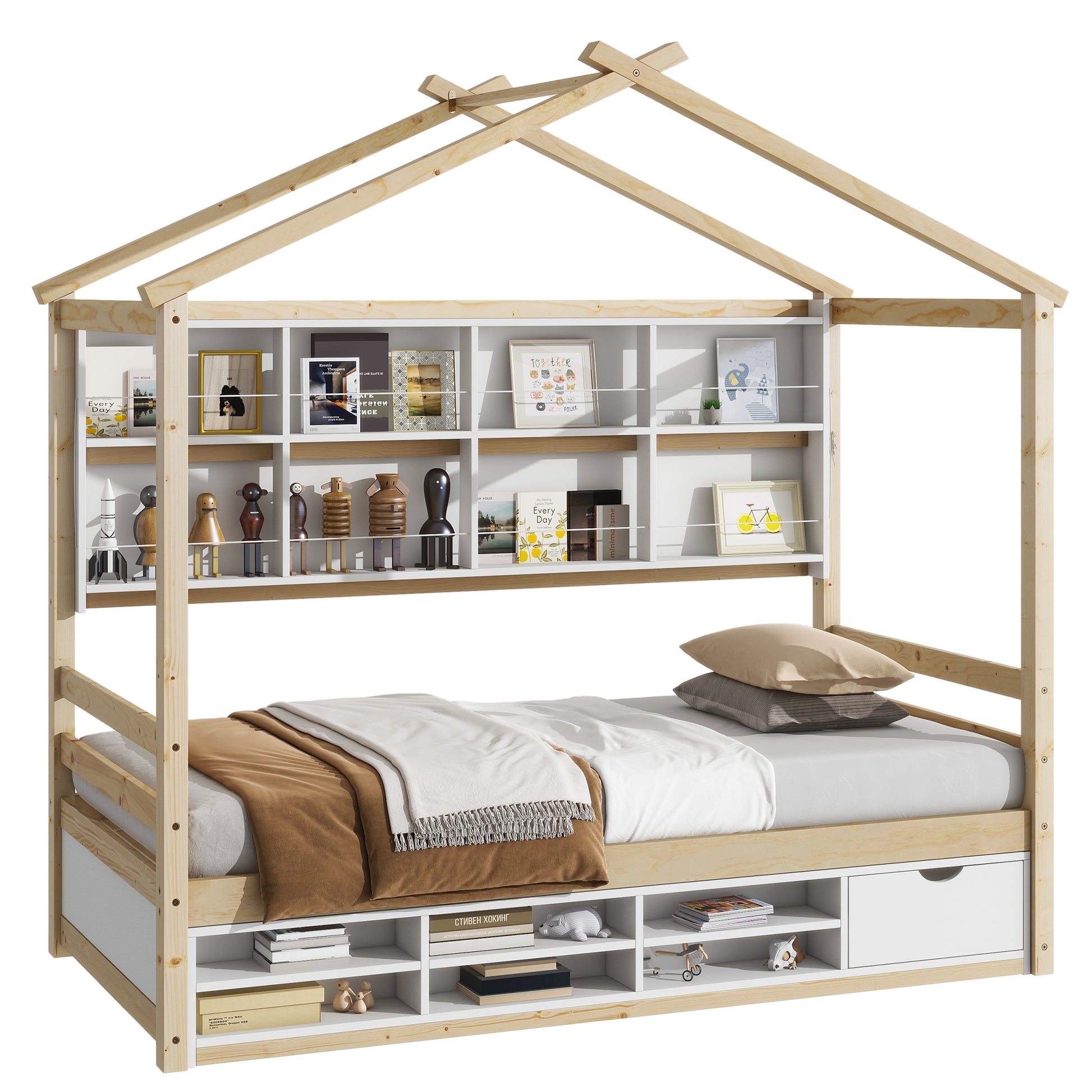 Twin House Bed With Roof Frame, Bedside Shelves,