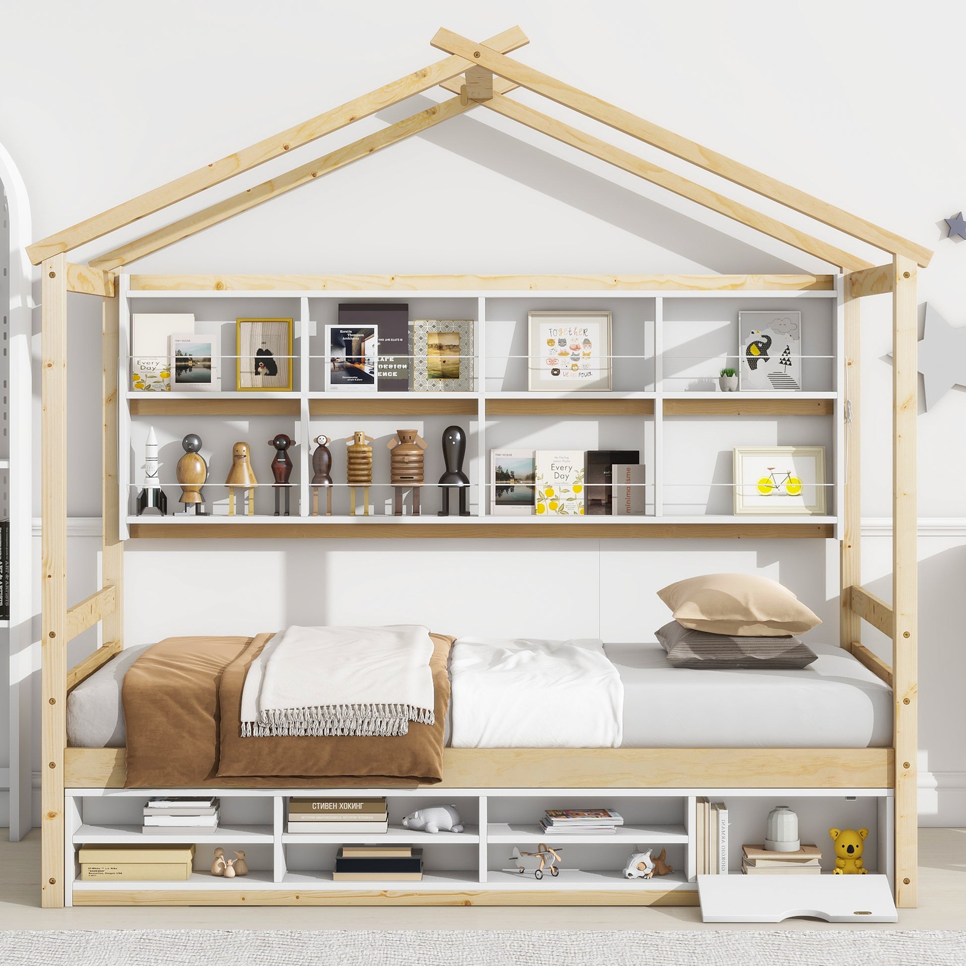 Twin House Bed With Roof Frame, Bedside Shelves,