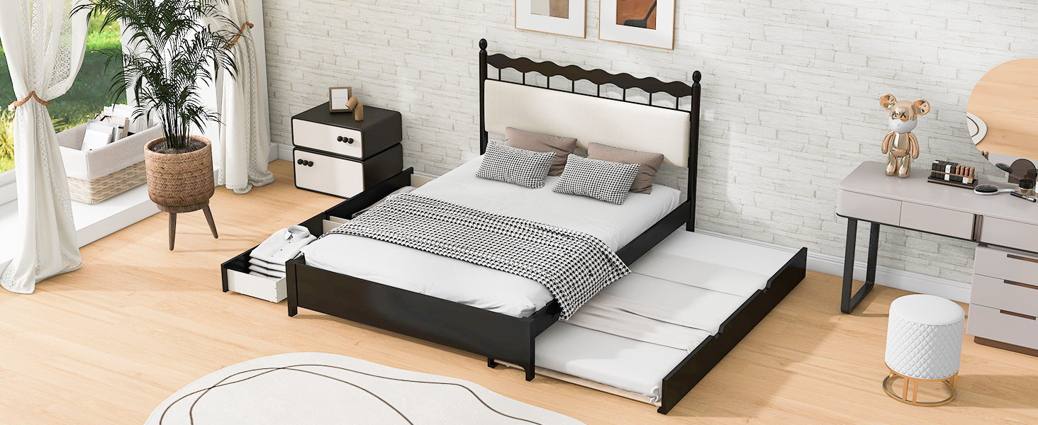 Queen Size Wooden Storage Platform Bed, With 2